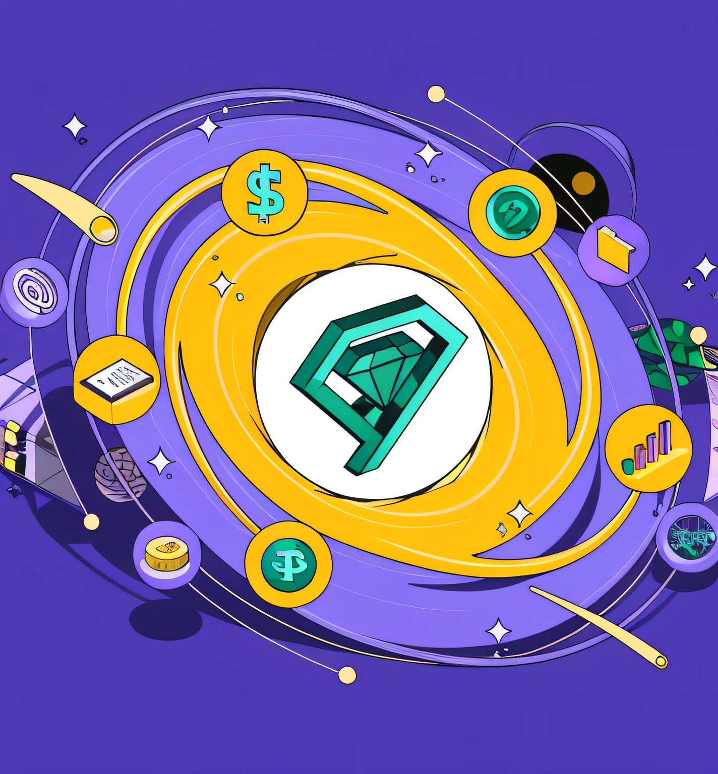 Illustration of purple and yellow diamonds，Surrounded by other items, GC Social Trends, prerendered isometric graphics, Trend of CGsociety, cryptocurrency in the background, concentrating, nano, isometric illustration fun, emerald artifacts, illustration in the golden ratio, iconography background, cryptocurrency, twirl, isometric 8k, golden proportion illustration