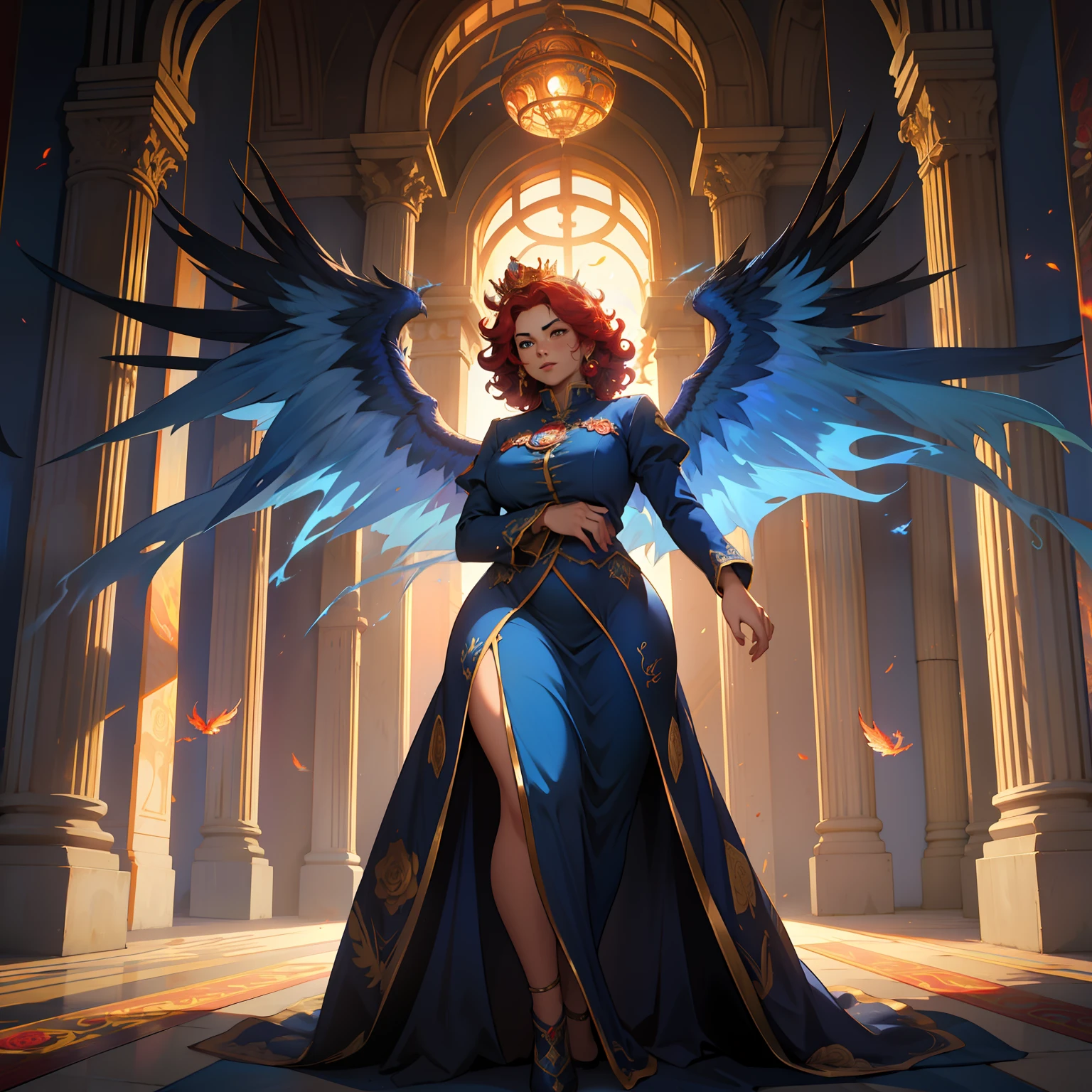 Blue Phoenix , beautiful female, chubby, flames on body, huge wings, curly hair, flames, fire, in gardens of roses, supreme royal attire, massive wings, blue wings, crown, inside palace