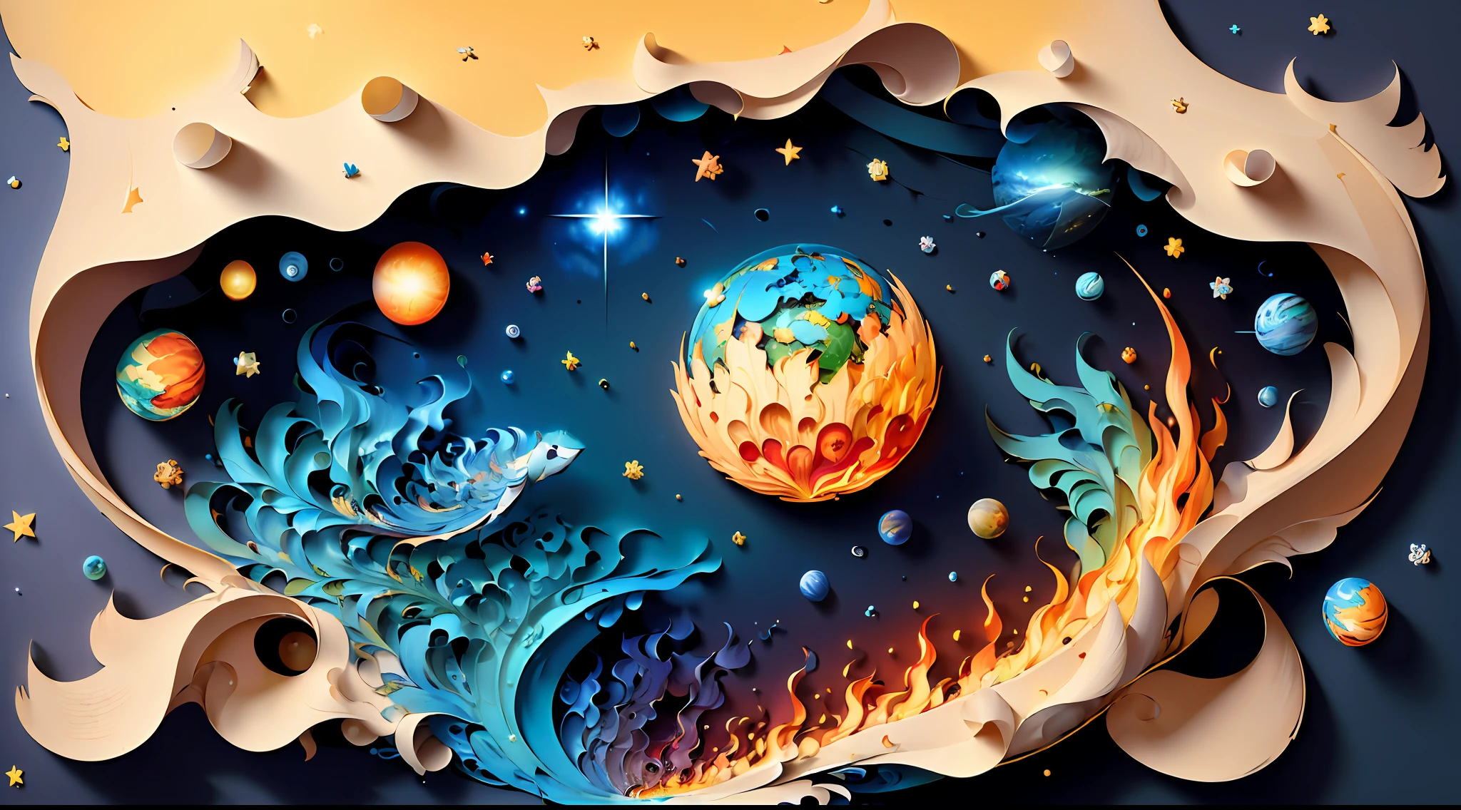 ((((Masterpiece))), Best Quality, Illustration, Earth, Universe, Water, Fire, Wind, Space, paper_cut,