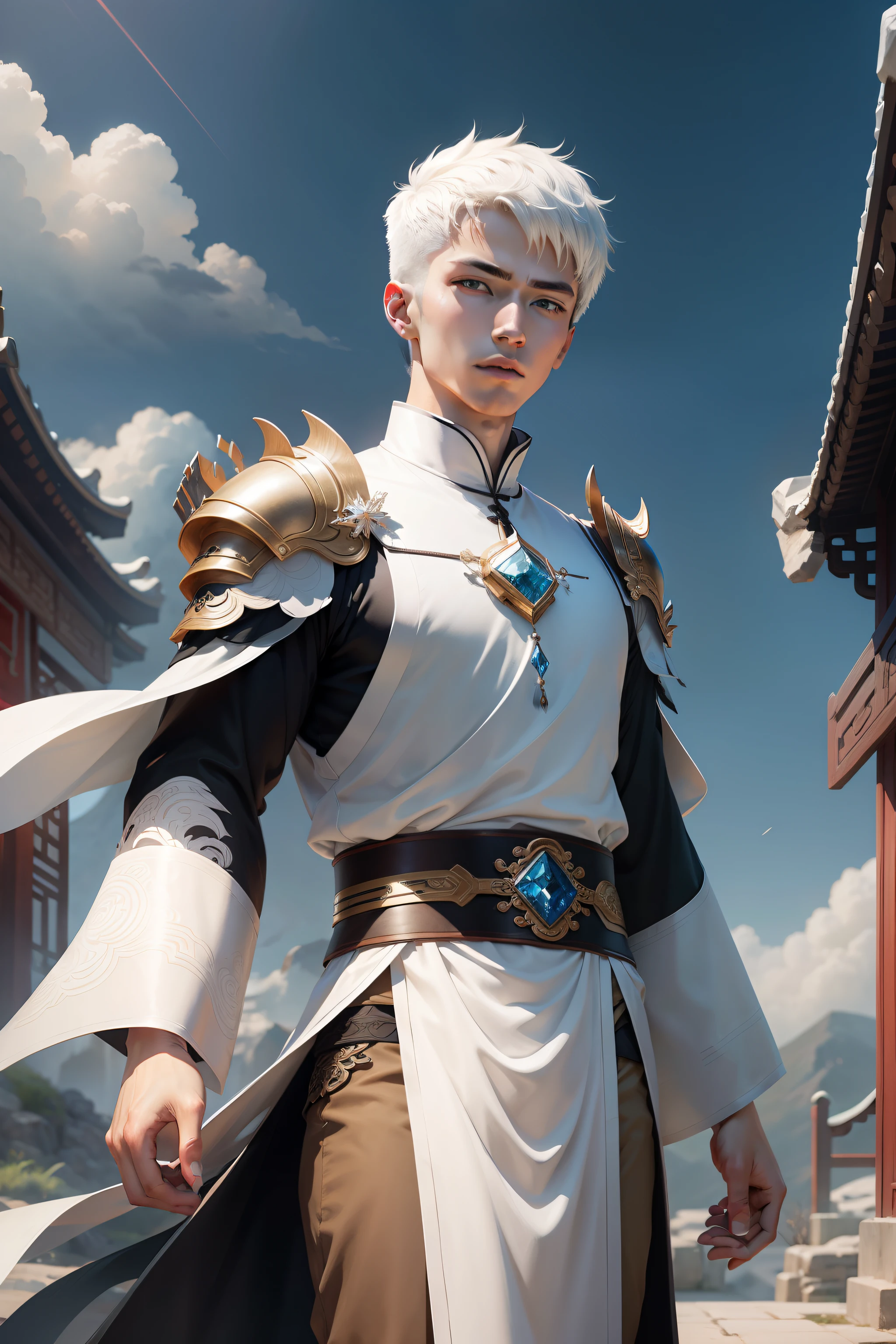 Young man with short white hair，Put on crystal armor，Ancient Chinese wind。