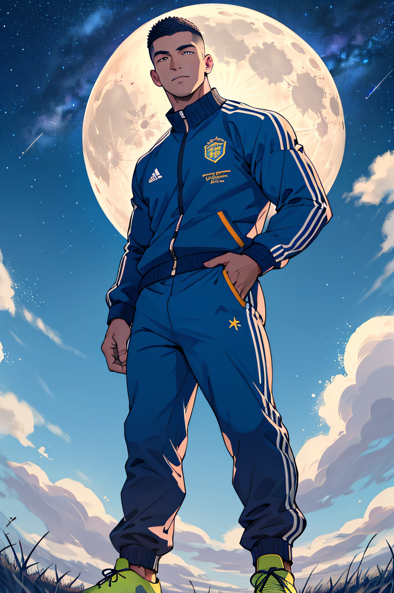 Draw a full-fledged footballer,Standing on the steppe at night,He was wearing a tracksuit,The man looks confident and determined,looking-down,Crew cut,full bodyesbian,Stars dot the sky,shooting from below,Big moon highlights background