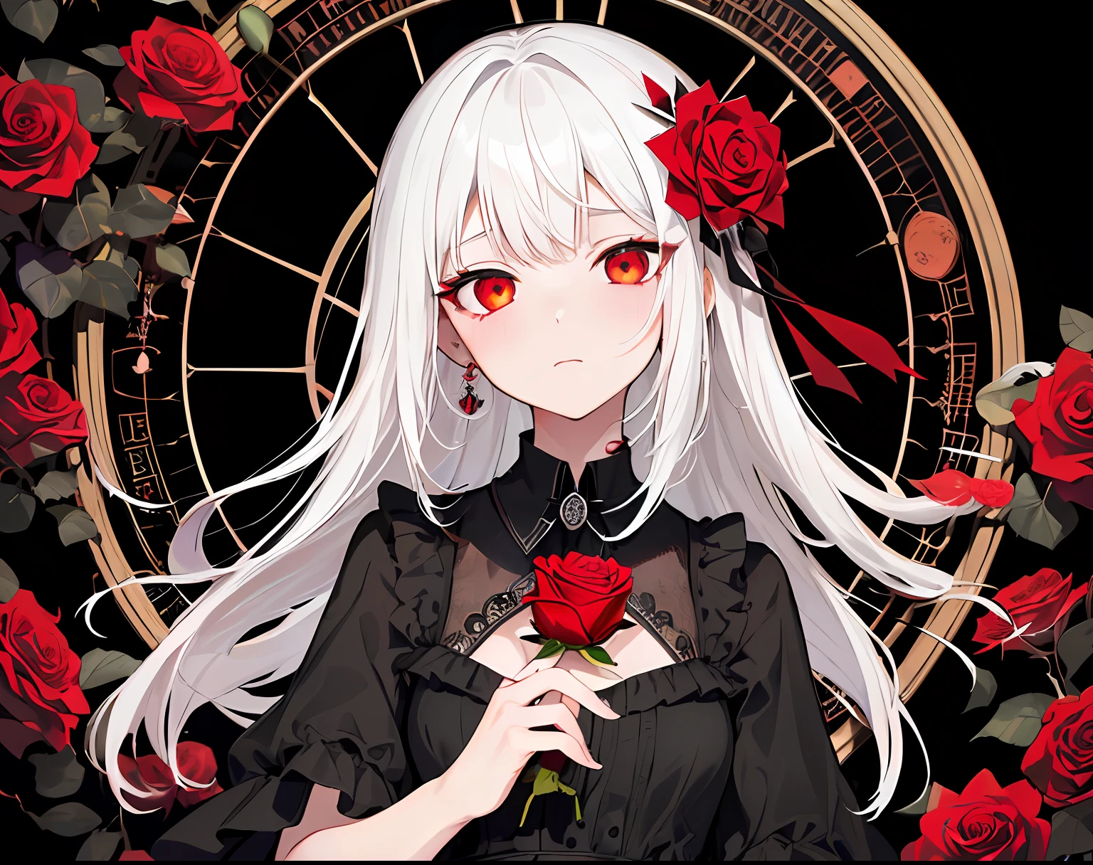 (best quality, masterpiece), (1girl, solo, black dress, standing , looking at viewer, white hair, red eyes, holding rose, closed mouth, upper body), (red dreamcatcher behind, red flower, )