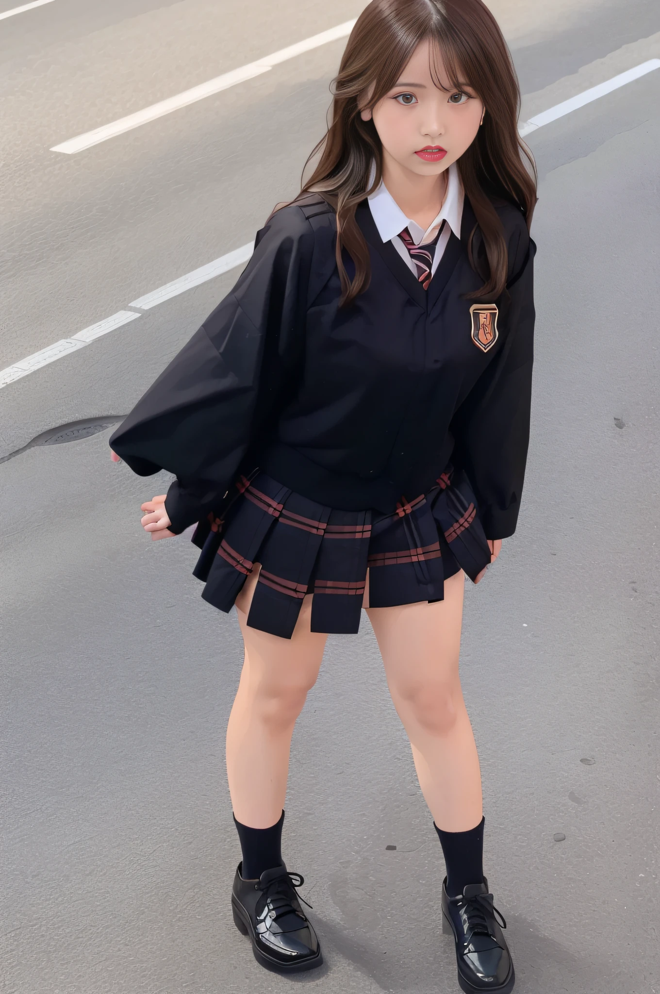 (absurderes:1.1, A high resolution:1.1, Ultra detailed:1.1),woman,Black hair and eyes,Long hair,ribbon,Medium breasts，Japanese high school  girl，Upper body student uniform，Lower body over knee black silk，20岁女孩，Small leather shoes，cabelos preto e longos，Full body photo，The image quality is extremely high，Tie a double ponytail，Background sky，Very real，Realistic and realistic