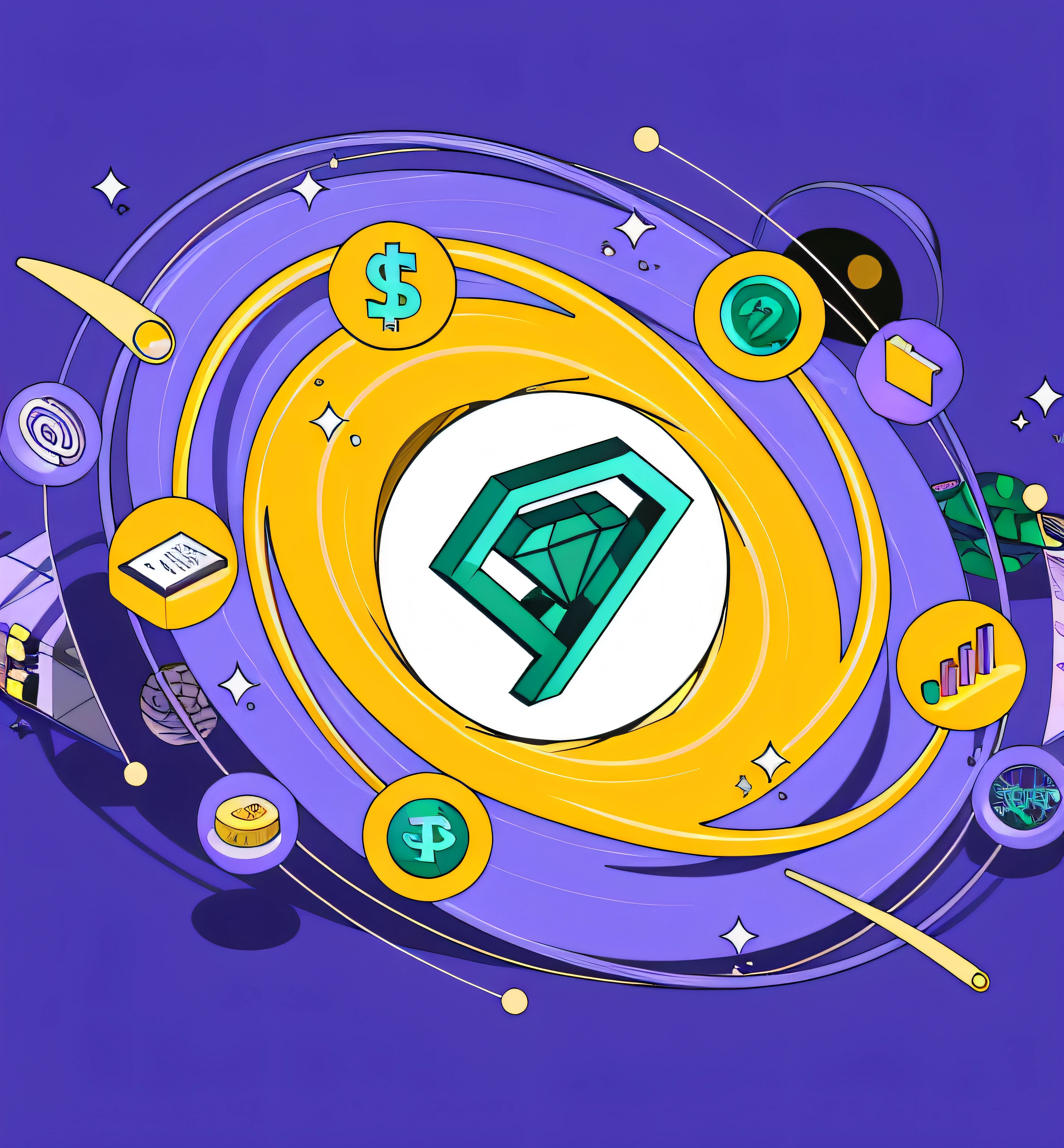 Illustration of purple and yellow diamonds,Surrounded by other items, GC Social Trends, prerendered isometric graphics, Trend of CGsociety, cryptocurrency in the background, concentrating, nano, isometric illustration fun, emerald artifacts, illustration in the golden ratio, iconography background, cryptocurrency, twirl, isometric 8k, golden proportion illustration