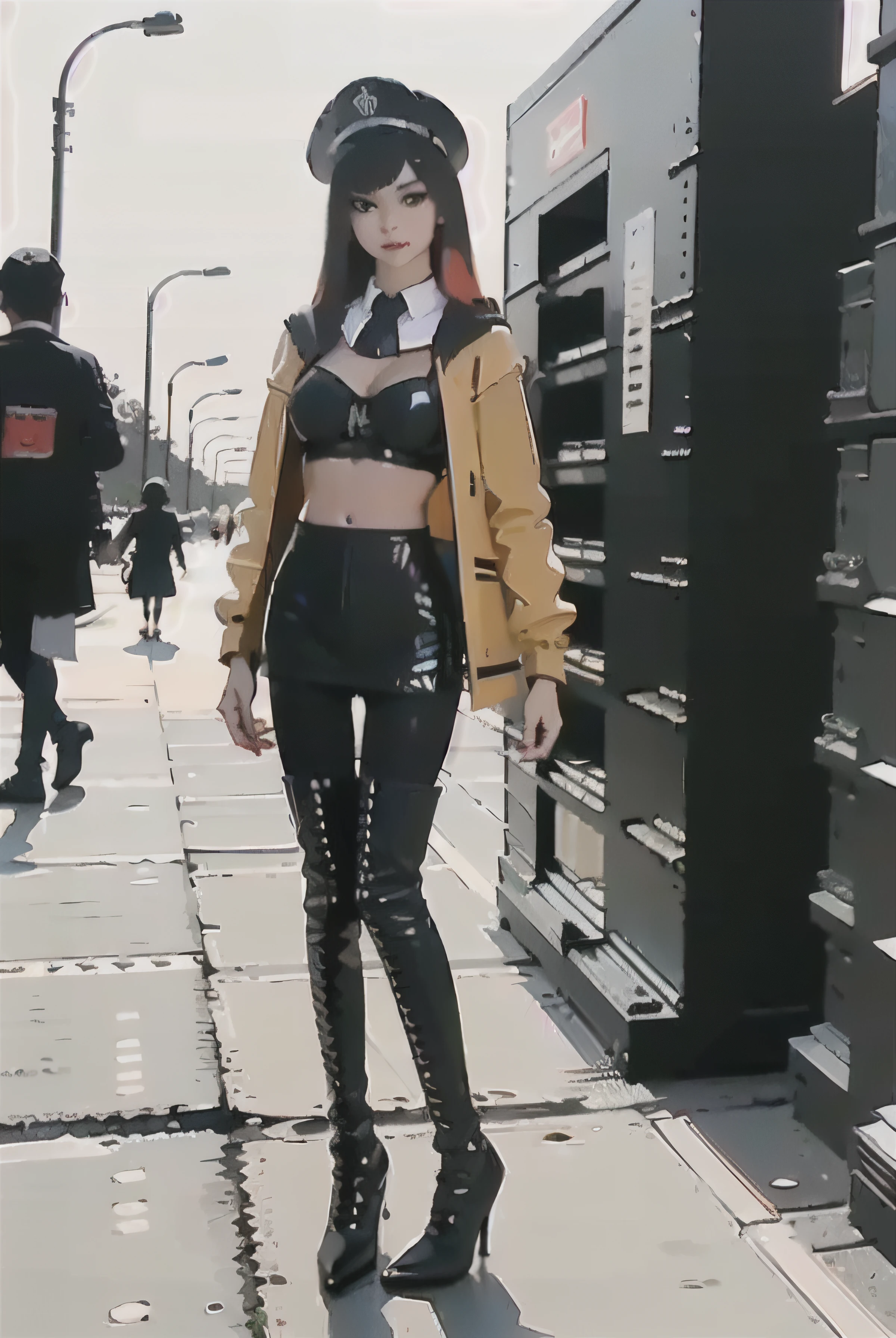 1girll,(8K, RAW photo, Best quality, Masterpiece:1.2), (1girll,Solo:1.29),(Realistic, photo-realistic:1.37),(Street photography:1.54),Boots,(2 boots,2 normal legs),over-kneehighs,(Stand upright,Orthographic lighting,whole body picture:1.88),(knee high boots:1.75),(Leather boots:1.6),(Trunk lid 3/4 legs:1.55),(High heels:1.2),(Silvery hair),(Silver boots),(leather miniskirt:1.3),(High heels:1.4),(2 Long heels:1.2),(2 stiletto heels:1.33),(2 slim heels:1.33),(Bra:1.65),(Silver patent leather boots:1.4),(The boots clung to her legs:1.5),(The boots are pressed tightly against the thighs, Accentuate the curve of the legs),(Black pantyhose:1.8),(Black thin pantyhose:1.6),(Black thin oily pantyhose:1.6),(Ultra-detailed,full bodyesbian),(Red long-haired,Red hair,Bright red hair:1.4),(Beautiful detailed girl:1.5) ,Beautiful nose,(Extremely detailed eyes and face:1.5), (Beautiful detailed eyes:1.5),(light in face:1.5),(Hanfu:1.1),beautiful detailed lips,Professional lighting, No hats,(Hanfu:1.1),2 legs,photon maping, Radio City, Physically-based rendering,Extremely detailed eyes and face, Beautiful detailed eyes,light in face,Cinematic lighting,Beautiful detailed sky,Details of Shanghai streets,Morning,sun light,Short jacket,Hoodie,school uniform,(Open legs:1.39),1girll,full bodyesbian,full body shot of,See-through,view the viewer,Outdoors,