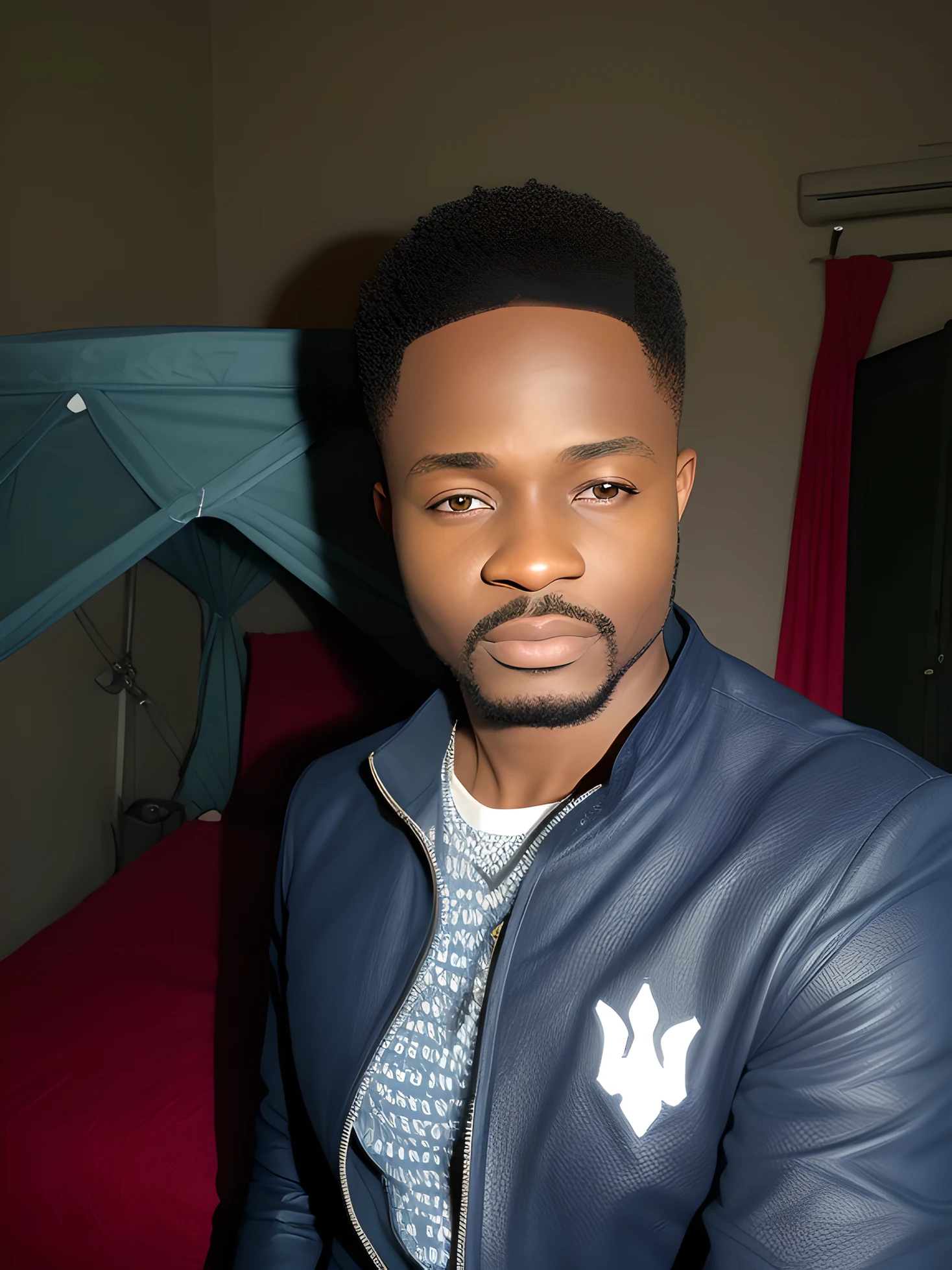 There is a man sitting in a room with a bed and a canopy, Emmanuel Shiru, oi marca ( Akwaaba Tommy ), Jorge Pemba, Eduardo Buba, David Uzochukwu, Godwin Akpan, Foto de perfil, cabelo preto espetado e pele escura, Roberto Kinoshita, Thomas Kinkaide, em torno de 1 9 anos