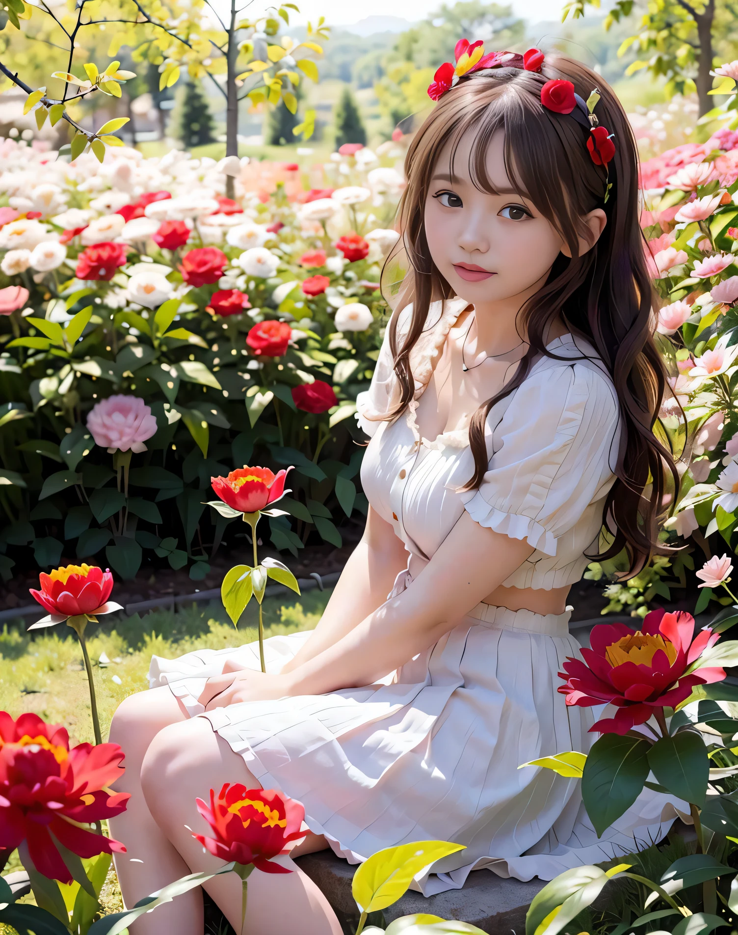 masterpiece, best quality, ultra high res, 1girl, (photorealistic:1.5), natural lighting, perfect artwork, portrait, beautiful, detailed puffy eyes, small breasts, young, detailed eyes, curly hair, light brown hair, cute, adorable, streaked hair, (aegyo sal:1), enchanting smile, necklace, full body, kpop idol, teen, Chinese, 16 years old, nature, blush, red peony flower garden, peony, blossom, flower hair ornament, grass, pleated skirt, barefoot, white pleated skirt, skinny thigh