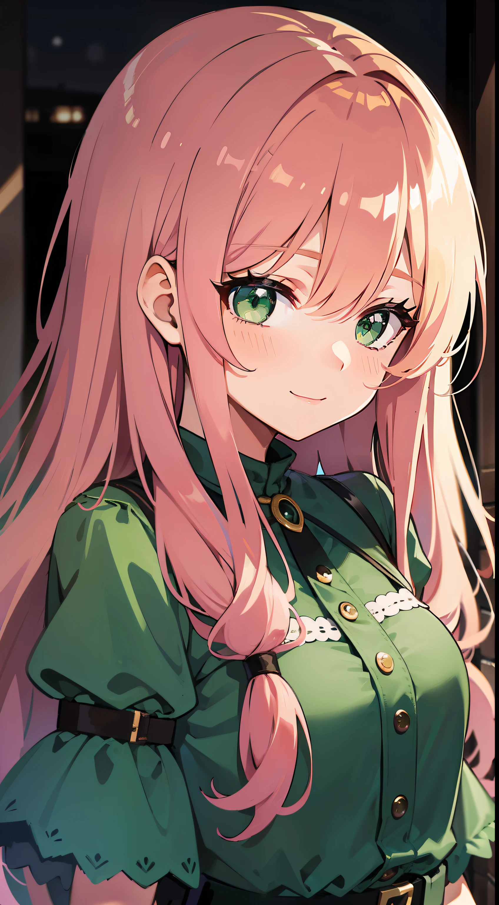 young girl, long pink hair, Green eyes, Green Light Dress, ssmile, Masterpiece, hiquality