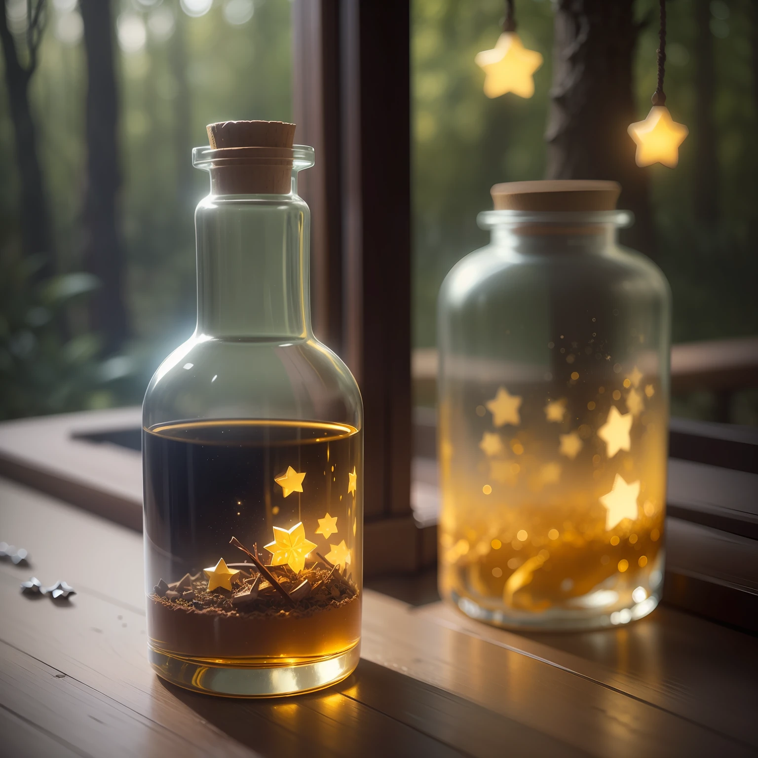chai，Dreamy，Stars in a bottle，Dark，Discreet，Atmospheric rendering，Depiction of film，Yellow stars，bright，Hopefully，Exquisite，High resolution，tmasterpiece，Dark forest，A dreamy scene