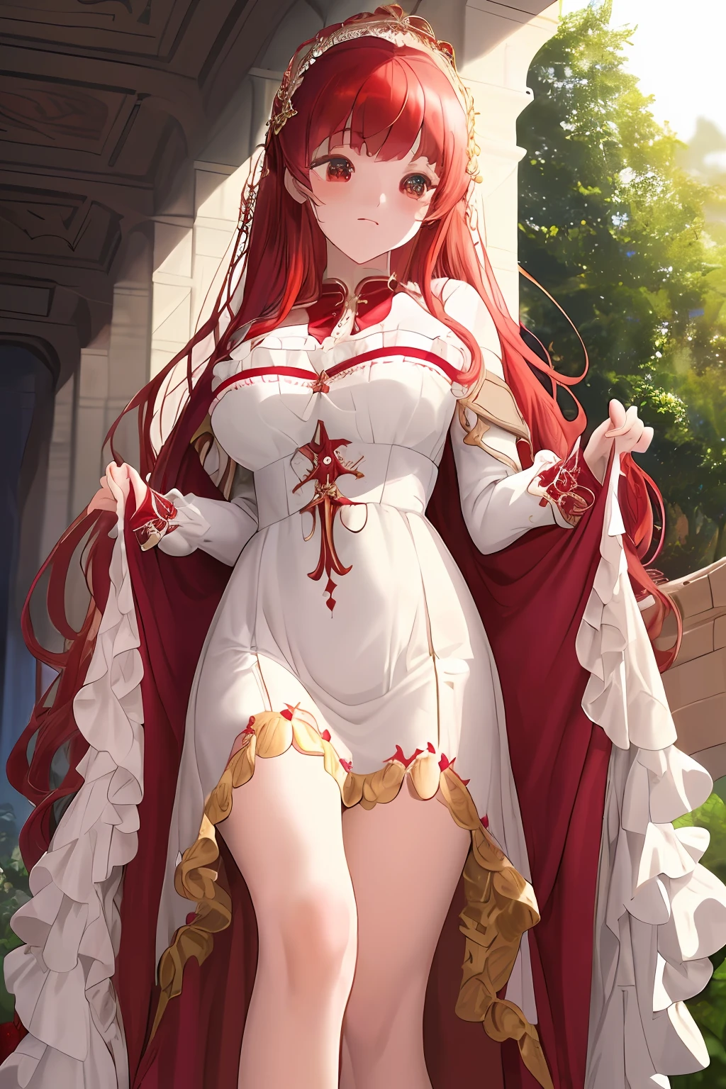 (masterpiece, best quality),1girl with long strawberry red hair ,her hand under her chin, warm lighting, blurry foreground,a close up of a dress on a mannequin with a cross on it, magic school uniform, imperial royal elegant clothing, magical school student uniform, dressed like a cleric, ornate dark red opulent clothing, crimson clothes, style blend of the vatican, maroon and white, white and blood color scheme, lolita style, inspired by Master of the Legend of Saint Lucy, celebration costume