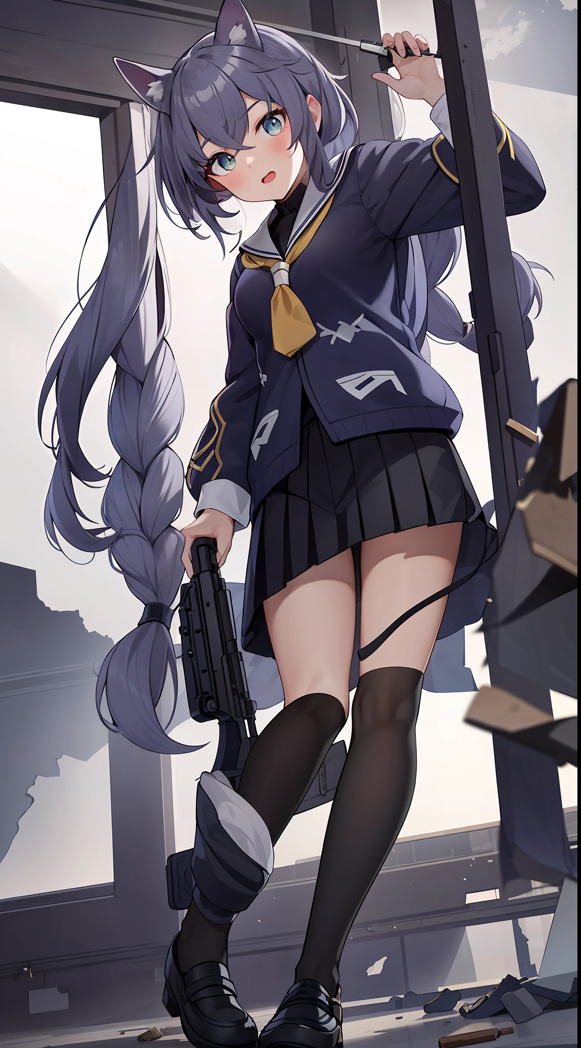 1girll,Cat-eared girl,tmasterpiece,8k,Half realistic,4k,RTX,Shaders,Excellent texture work,big breasts beautiful,prette,dashing,heroic look,Fine facial expressions,There are cat ears on the head,Long dark gray hair,long and flowing hair,Open coat,Camouflage coat,JK school uniform,a black pleated skirt,black lence stockings,Uniform for female high school students,a sailor suit,facing at camera,sideways standing,Hold the gun with both hands,Fine firearms,AK47 assault rifle,outside,废墟,You can see the ruins,You can see the damaged buildings,Messy streets。