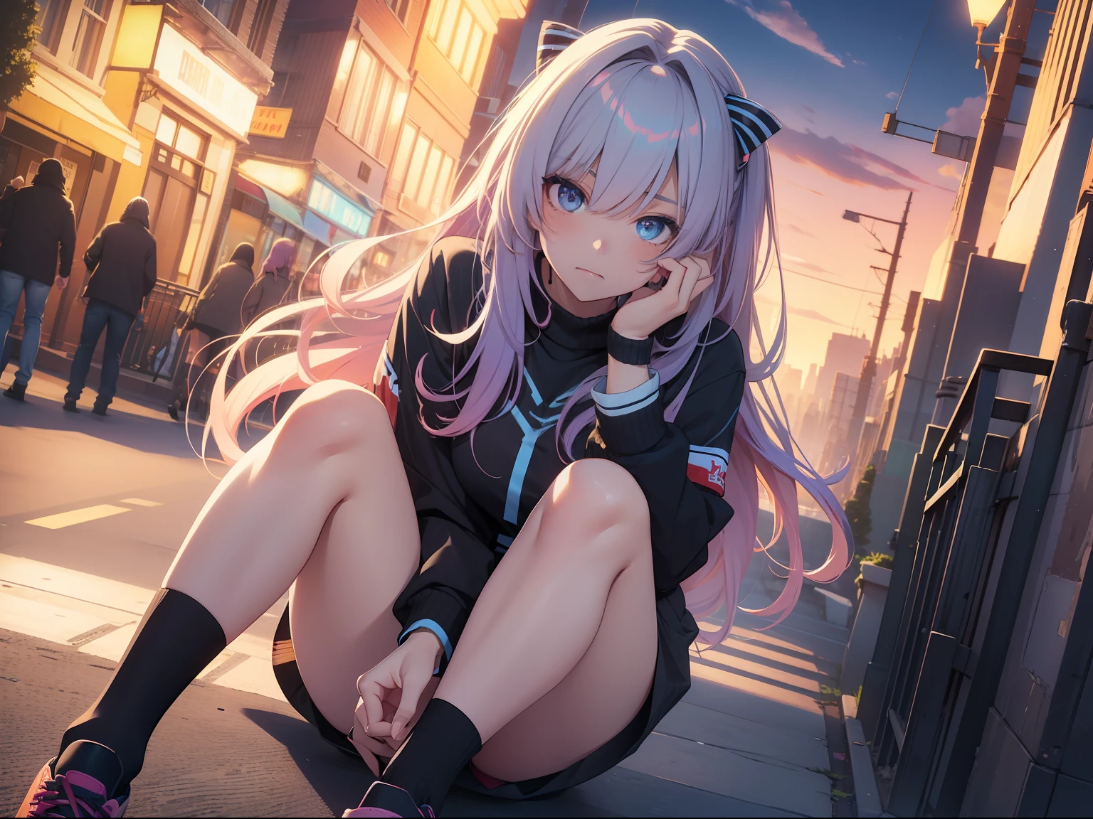 NY, (gradient hair, dutch angle:1.3), film grain, chromatic aberration, city, masterpiece, best quality, raw photo, photorealistic, absurdres, 1girl, cute, perspective, cowboy shot, highres, ultra detailed, detailed eyes and face, sharp pupils, realistic pupils, sharp focus, summer, night, detailed full figure, beautiful socks, Socks above the knees