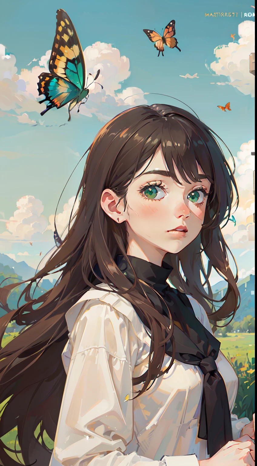 (masterpiece), best quality, beautiful detailed hair detailed face, ultra high res, sharp focus, ((1 woman, solo)), perfect feminine face, very stunning woman, upper body, magazine cover, (look at the viewer), ((surprise face)), flying on the sky, cloud, scenery, surrounded by butterflies, chesnut brown hair, flowing messy long hair, ((green eyes))