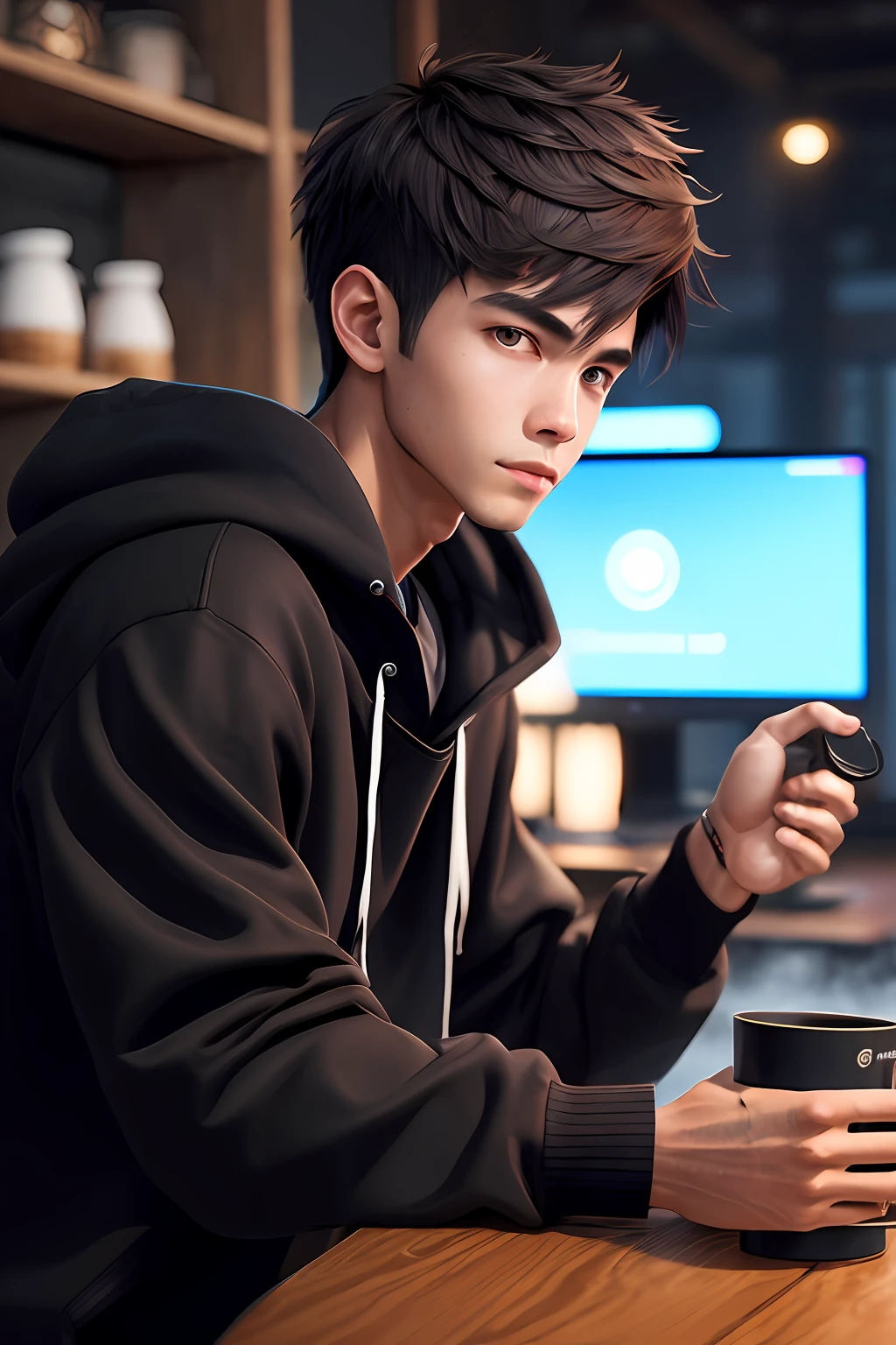 Boy with black hoddie,stylish hair,playing freefire in pc,a cup of tea on table,realistic 4k Hd