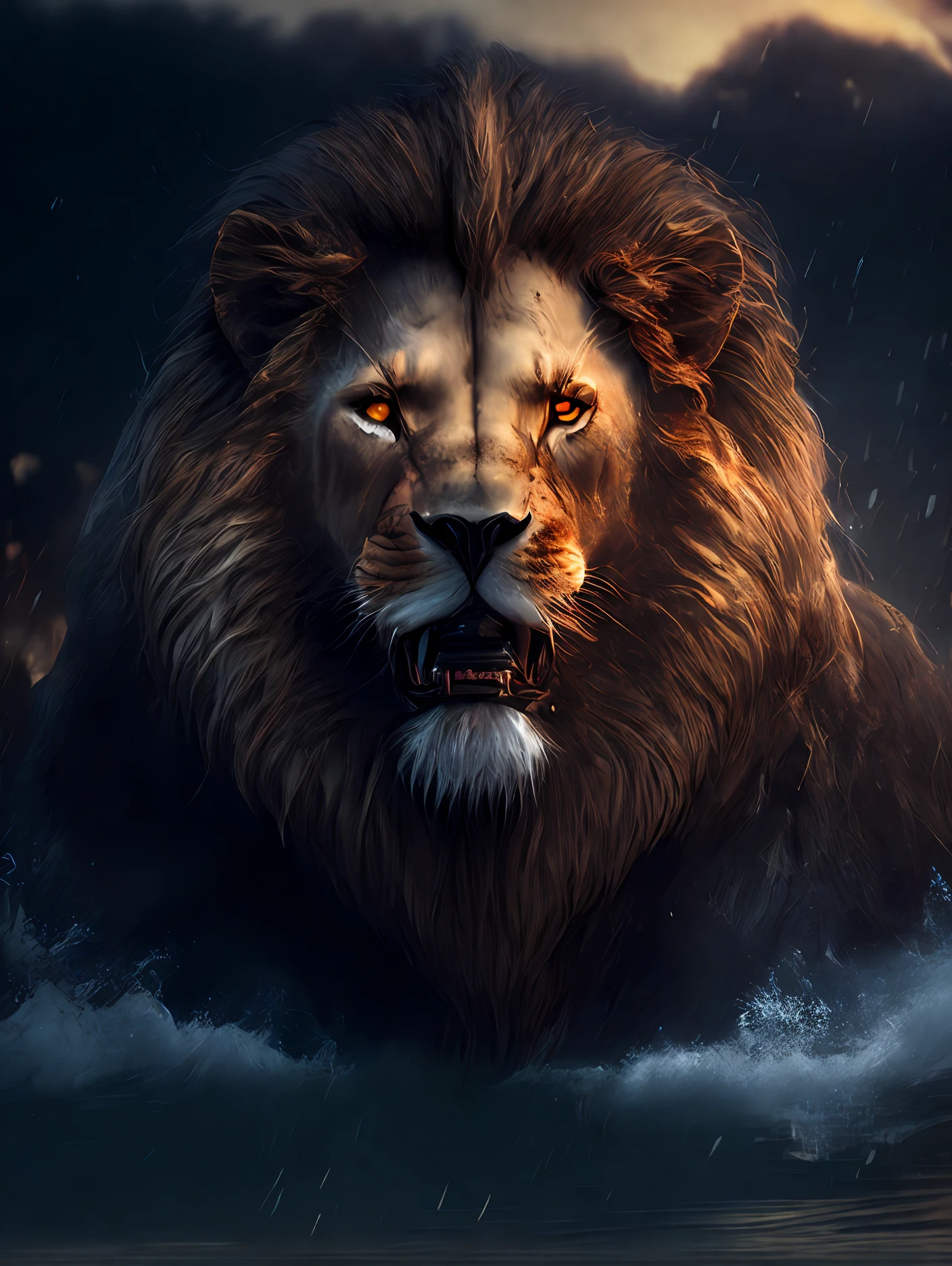 Lion God, Ultra photo realsisim, Tension, Cold, Highly detailed, Sharp focus, professional, 8K UHD, Cinematic, Dark, violent, Outdoor, River, battle, chase, Dramatic, Vivid, intense atmosphere, Renders, Epic, Twilight, hdr, album covers, Blizzard, Lightning, Cataclysm