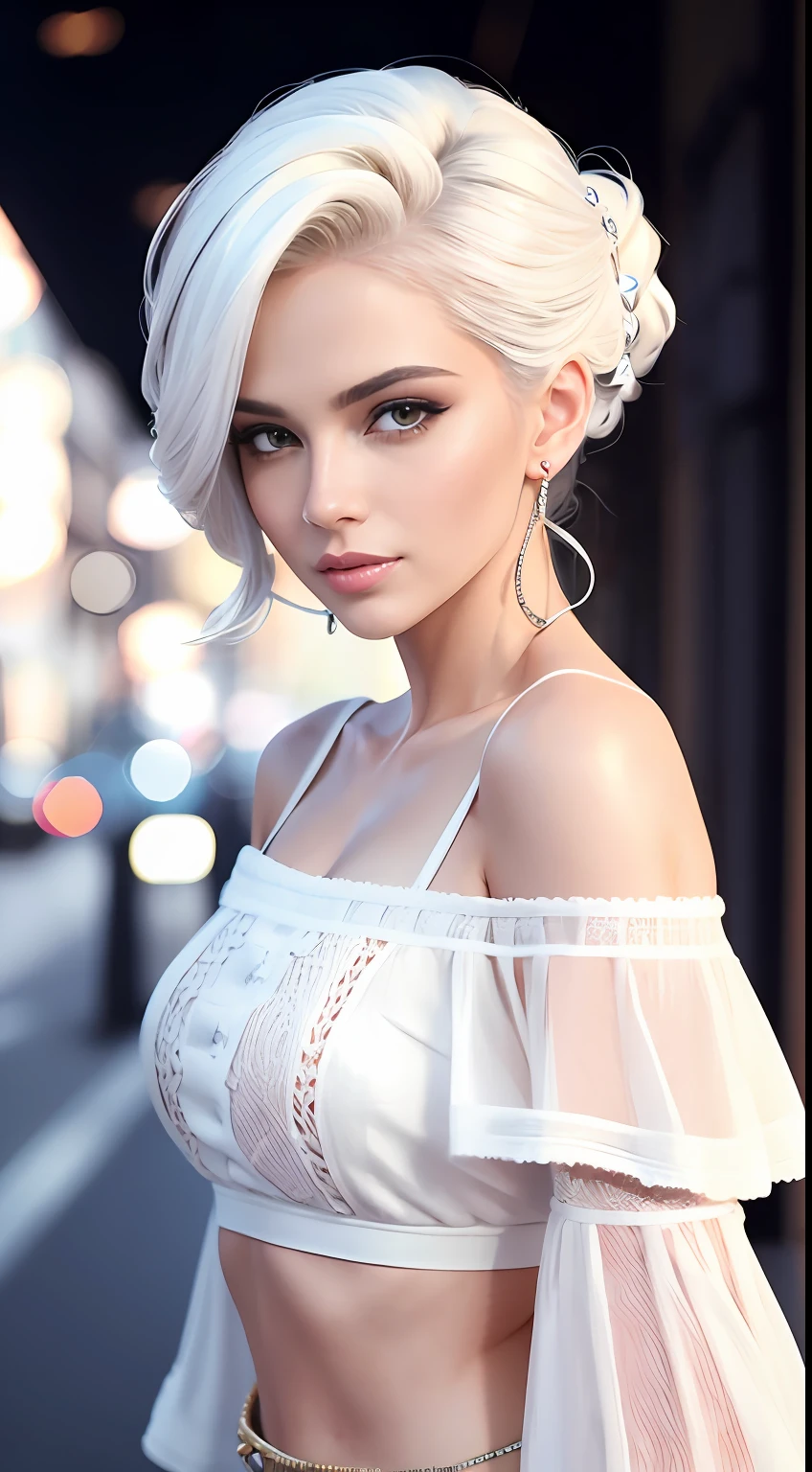 woman, A fashion model, Wear an off-the-shoulder top, Glamour, paparazzi taking pictures of her, White hair, Brown eyes, 8K, High quality, Masterpiece, Best quality,G-cup， HD, Extremely detailed, voluminetric lighting, Photorealistic