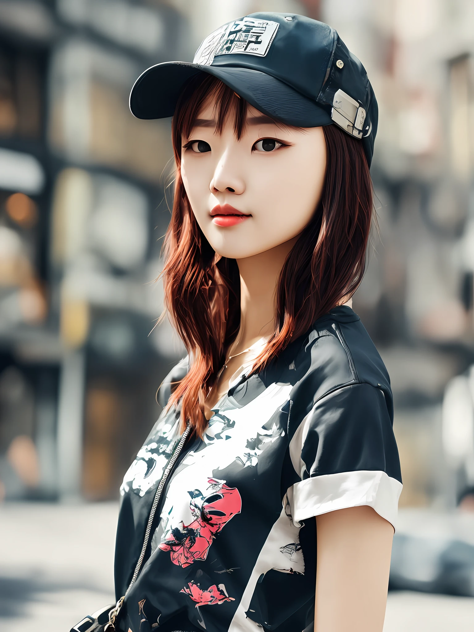 Beautiful woman medium hair, wearing cap, cyberpunk style short clothes