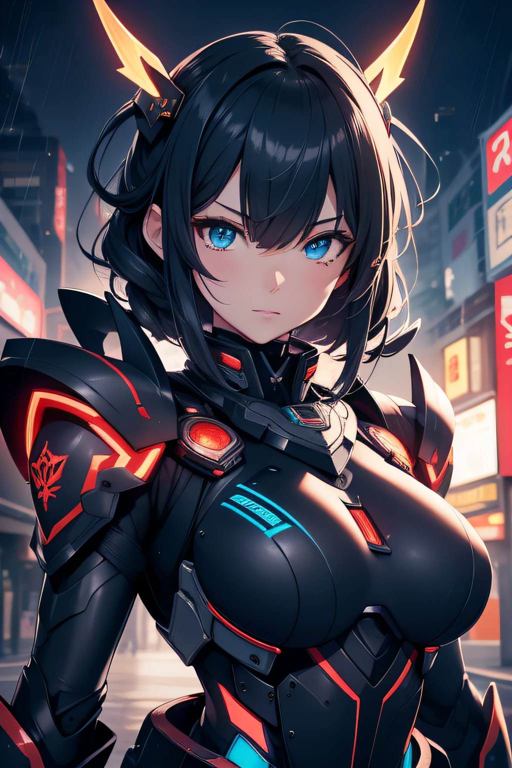 Japanese mecha girl, battle armor, intricate motifs, heavy metal, Energy lines, Faceless, glowing light eyes, ellegance, vehement, Blue and black uniforms, 独奏, modern day, 城市, the street, dark cloude, thunderstorm, very heavy rain, Dramatic lighting, (tmasterpiece:1.2),best qualtiy,A high resolution,beautifuldetails,extremely detailed nipple,perfect litthing