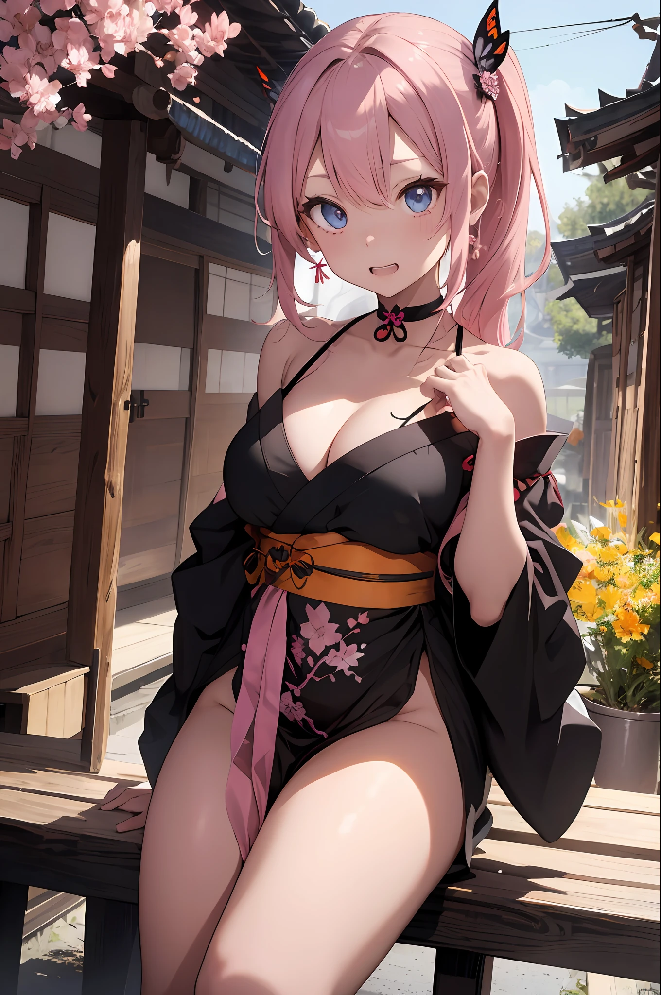 masterpiece、best、Hi-Res、1 female、(A pink-haired:1.2)、Very long hair、Asymmetrical hair、Floating hair、blindfolds、High Ponytail、side locks、hair adornments、Fish hair ornament、tassels、Kanzashi、bangss、Blue eyes、Beginning、ssmile, tusk, Only the upper teeth, a choker, a red choker, Pendant Choker, Butterfly Choker, 鎖骨, The tattoo, Chest Tattoo, Flower tattoo, cleavage of the breast, middlebreasts, thighs thighs thighs thighs, bandaged, Bandaged Legs, sarashi, Budget Sarashi, Breast sarashi, Black sash、 Hadanugi Dosa 、 Broomstick 、 Komono 、 Kimono 、 Drawstring 、 Obi 、 Obiage 、 Obi tightening 、 Orange kimono 、 Drawstring 、 Patterned kimono 、 noose 、 Obi 、 Shimenawa 、 Short kimono 、 Piece bare shoulders 、 phantom(Genshin) 、 East Asian Architecture 、cherry trees, full body Esbian, sparkler fireworks, natta, sparklers, sparklers, open one's legs, an legs, single glove, Single fingerless gloves, wristbands, Black socks,