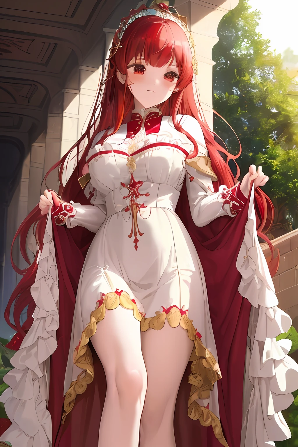 (masterpiece, best quality),1girl with long strawberry red hair ,her hand under her chin, warm lighting, blurry foreground,a close up of a dress on a mannequin with a cross on it, magic school uniform, imperial royal elegant clothing, magical school student uniform, dressed like a cleric, ornate dark red opulent clothing, crimson clothes, style blend of the vatican, maroon and white, white and blood color scheme, lolita style, inspired by Master of the Legend of Saint Lucy, celebration costume