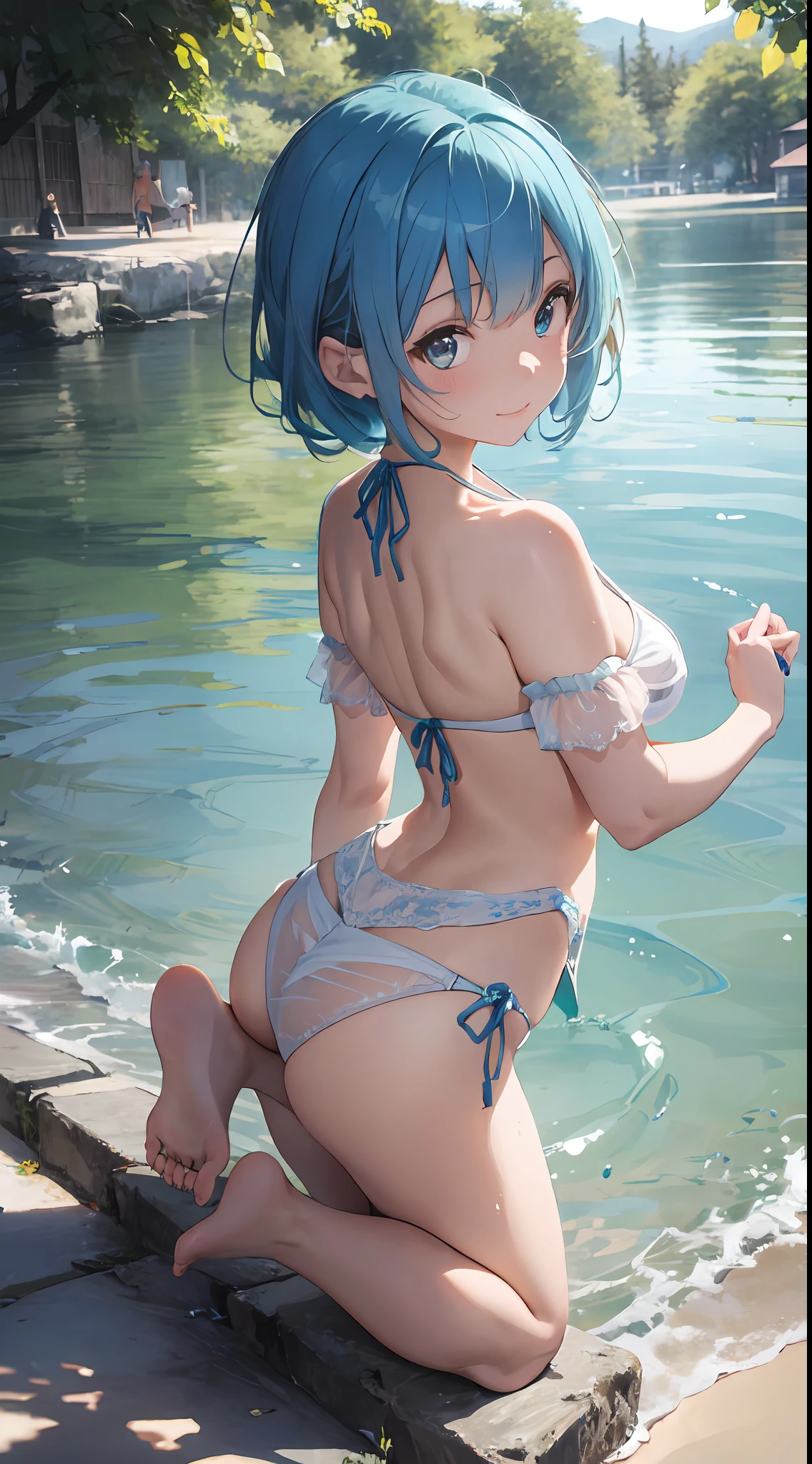 (NSFW:1.2), (8K, Raw photography, Top image quality, tmasterpiece: 1.4), ultra highly detailed, (realisitic, photoreallistic: 1.48), 20 yrs, Cute girl s, (See-through white micro bikini:1.55), Japanese famous actor、 (blue hairs:1.7)、1 daughter、Solo Focus、Type Moon Wind、Kyoto Animation Style、Shorthair、Blunt bangs、Inter-eye hairs、side locks、Shiny hair、Beautiful and dense cold face、Seductive smiling、anger、Intricate details beautiful and delicate eyes、Bare shoulders 、huge-breast、Clear eyes、White Skin Skin、hair adornments、swim ring、Beautiful raw back、sandal、Skin dent、鎖骨、Raw feet、the beach、Dense sky、White sandy beach、The tree、 very accurate and detailed、absurdist、Extremely detailled、16k wallpapers、Realistic texture、Masterpiece to the smallest detail、From Side, looking at the viewers, deadpan, Beautiful lake, Zeiss 150mm f/ 2.8 Hasselblad, Whole human body, for feet, ultra-wide-angle