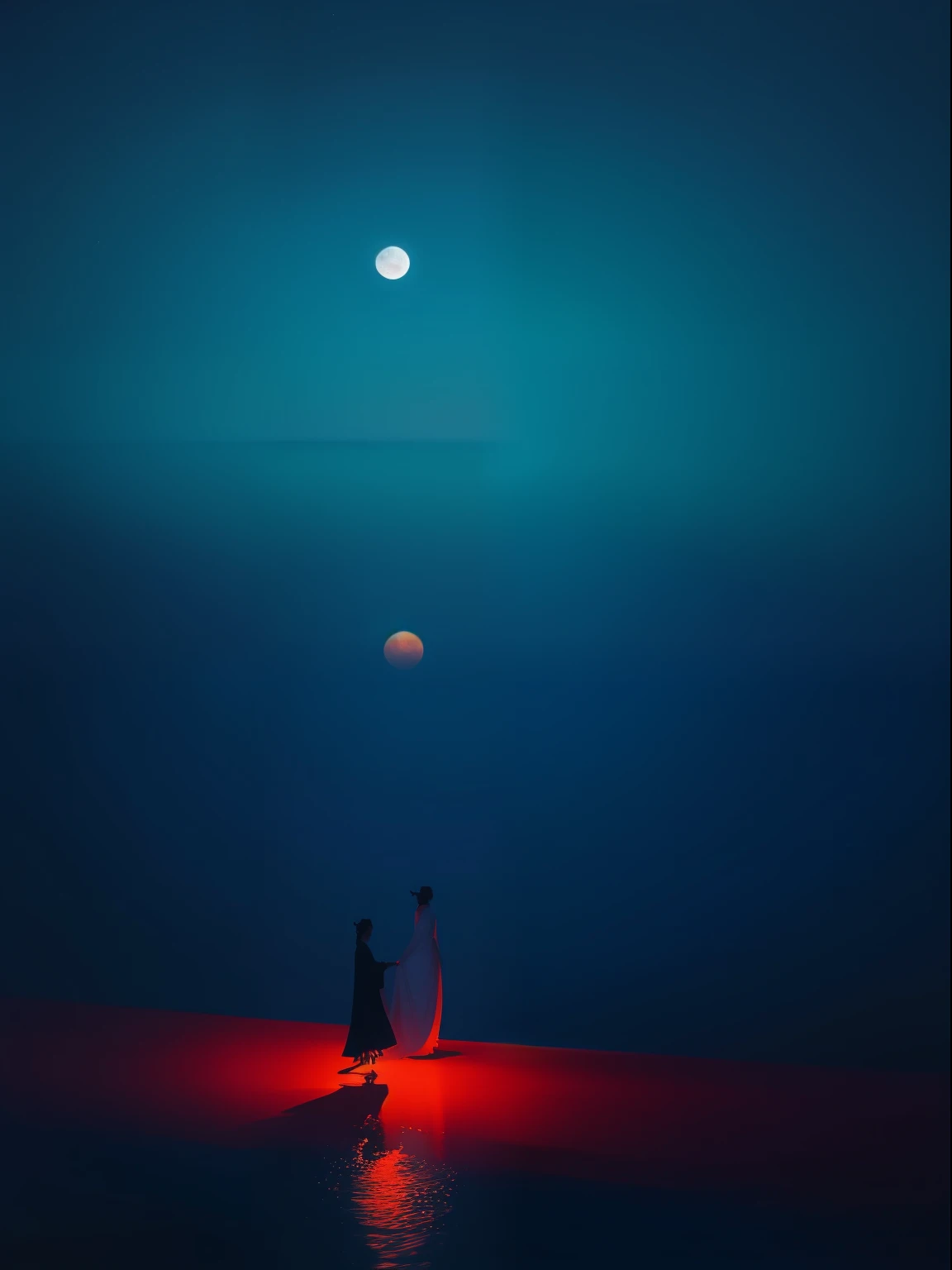 a night scene with the Chinese porch, a Chinese lady walk through, wearing Hanfu, Minimalist illustrations, classical, Chinese Zen, minimalism, Tang dynasty, landscape painting, red and classical blue gradient, water reflection, moon, zen-like tranquility