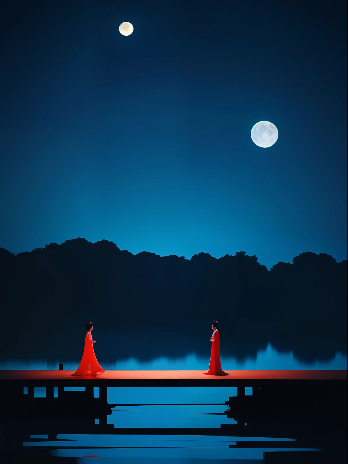a night scene with the Chinese porch, a Chinese lady walk through, wearing Hanfu, Minimalist illustrations, classical, Chinese Zen, minimalism, Tang dynasty, landscape painting, red and classical blue gradient, water reflection, moon, zen-like tranquility