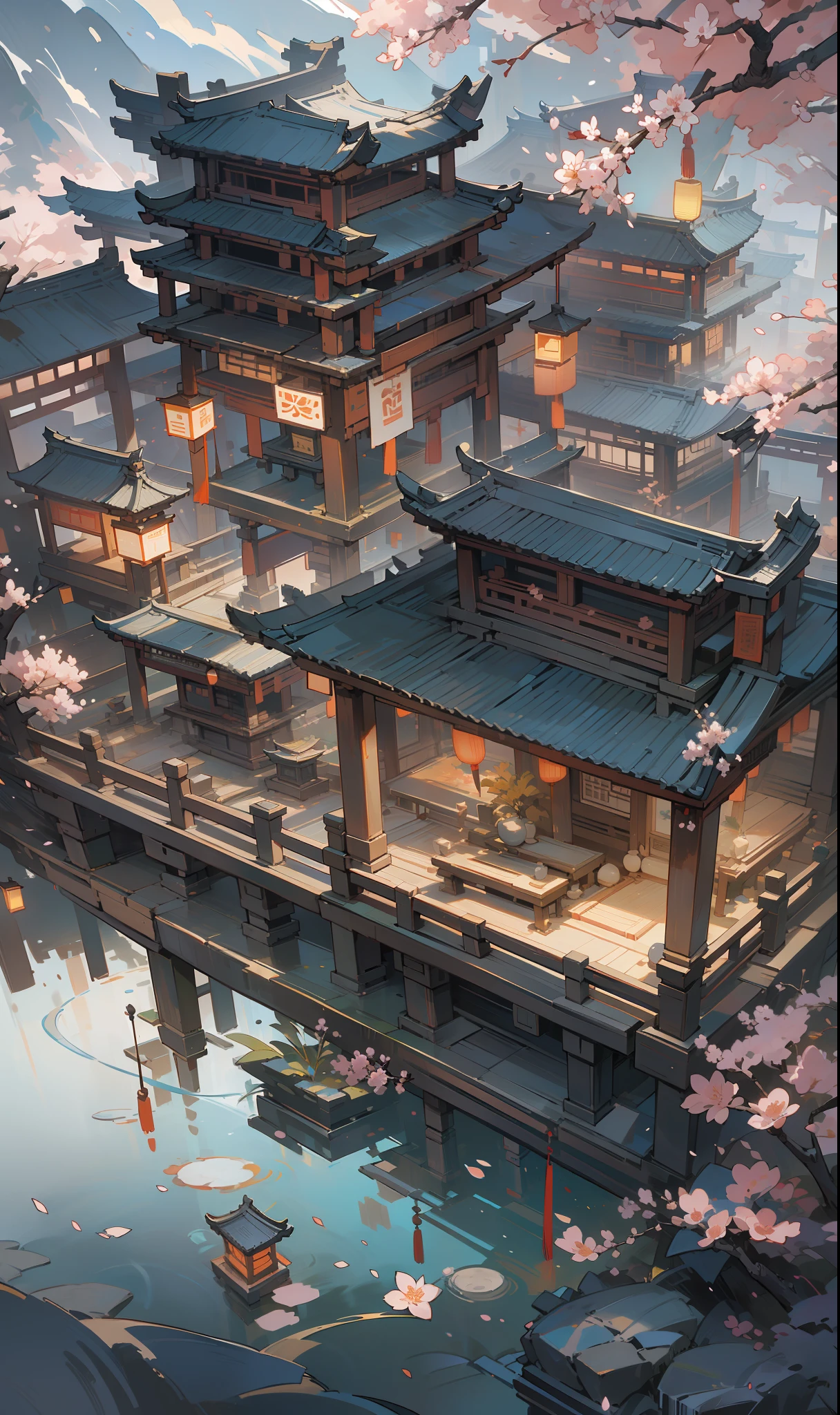 （Microlandscape：1.8，Faraway view，High viewing angle lens），Antique game scene design，A corner of the ancient town of Jiangnan，Black night sky，the night，starrysky，Lanterns，big trees，florals，Flowers in the bushes，Trees bloom，Sakura architecture，Antique carved door beams，Chinese ink painting OC rendering sculpture