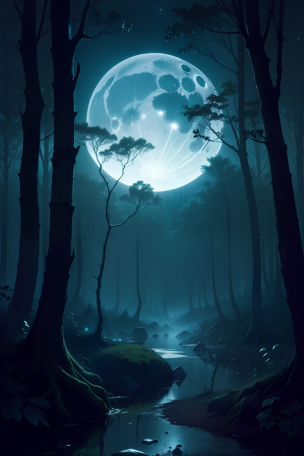 the edge of a dense forest, thicket, luna, Creepy, the night