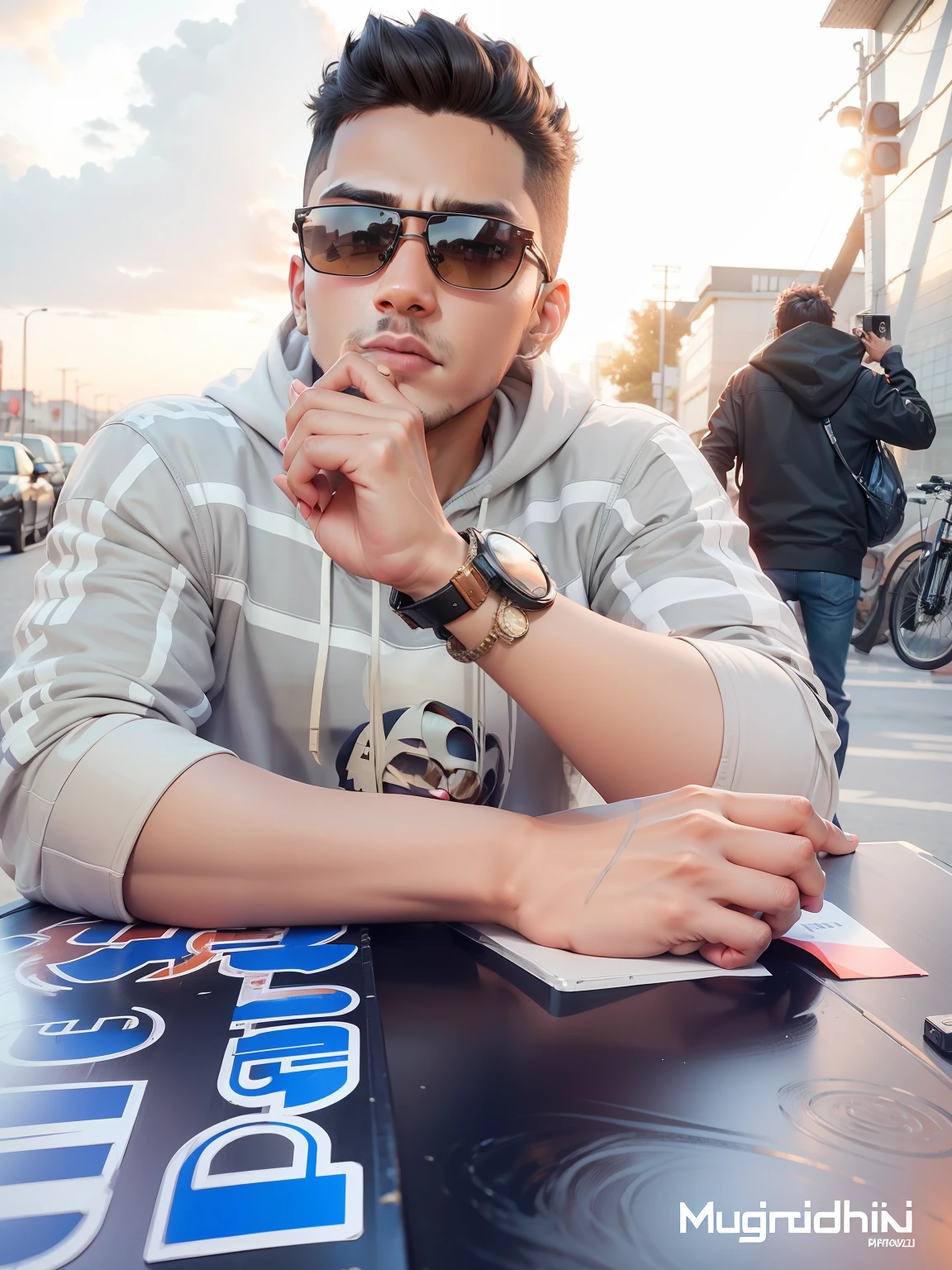 Candid photography,brown black combo Hoodi,black sunglass,cool sunset,stylish hair,perfect photo