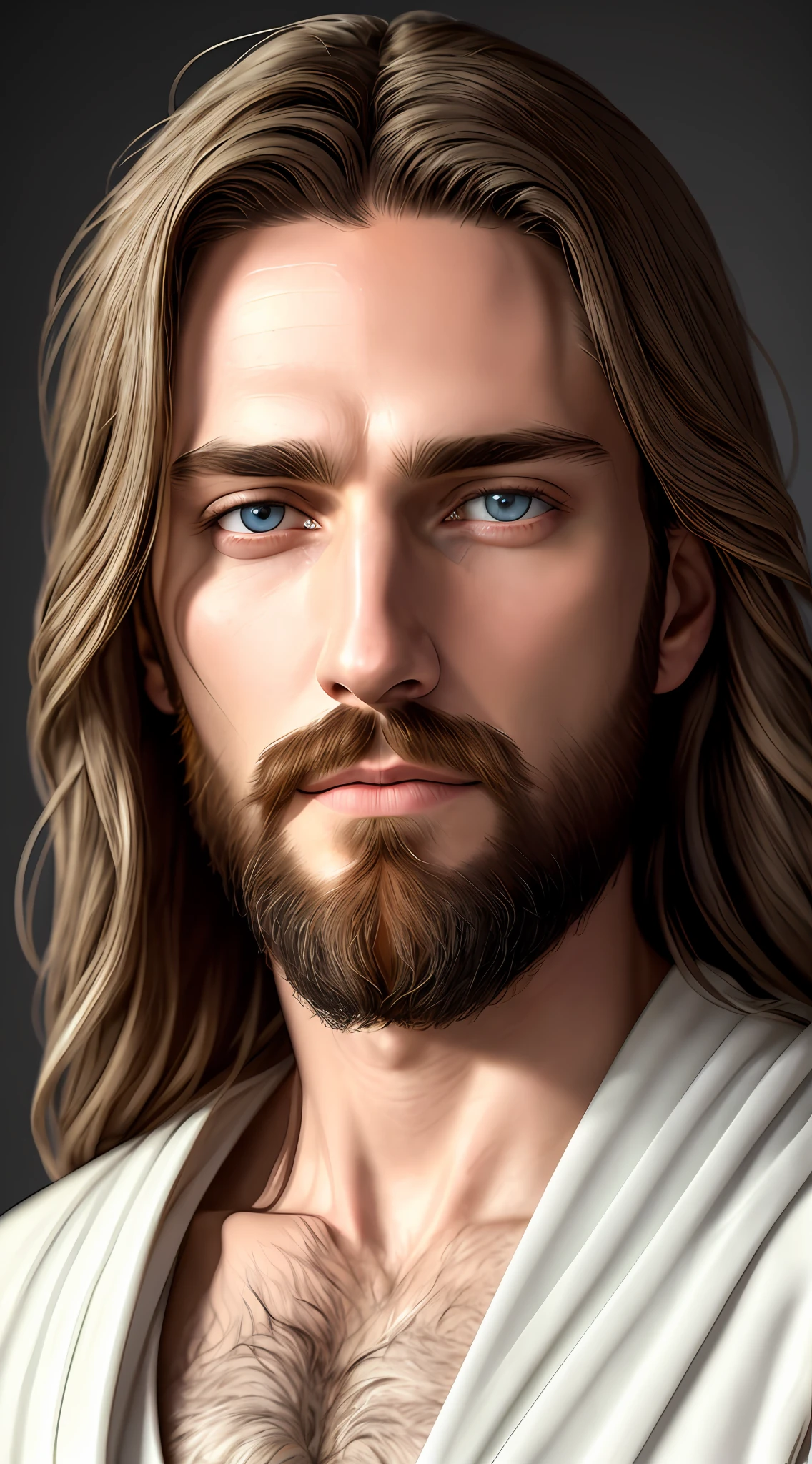 (symmetry),centered,a ((close)) up portrait,(Jesus),a very thin white man with long hair and a beard,wearing a long white robe,35mm,natural skin,clothes  detail, 8k texture, 8k, insane details, intricate details, hyperdetailedhighly detailed,realistic,soft cinematic light,HDR,sharp focus, ((((cinematic look)))),intricate, elegant, highly detailed