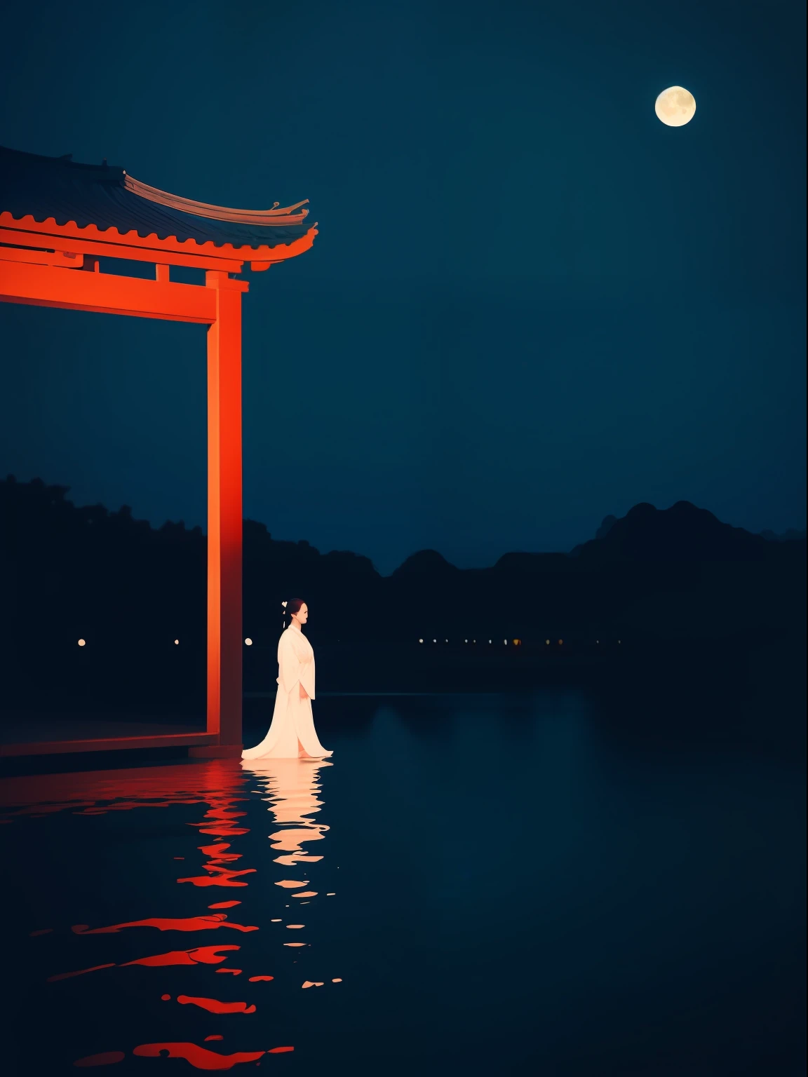 a night scene with the Chinese porch, a Chinese lady walk through, wearing Hanfu, Minimalist illustrations, classical, Chinese Zen, minimalism, Tang dynasty, landscape painting, red and classical blue gradient, water reflection, moon, zen-like tranquility