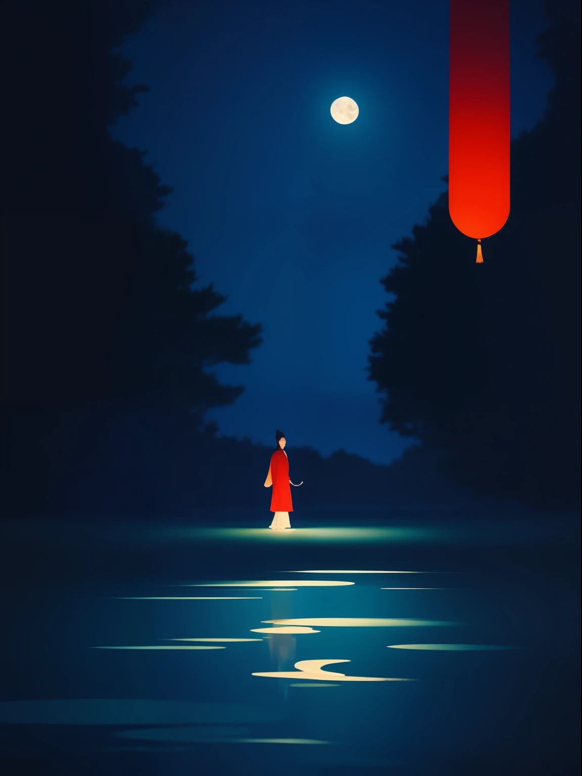 a night scene with the Chinese porch, a Chinese lady walk through, wearing Hanfu, Minimalist illustrations, classical, Chinese Zen, minimalism, Tang dynasty, landscape painting, red and classical blue gradient, water reflection, moon, zen-like tranquility