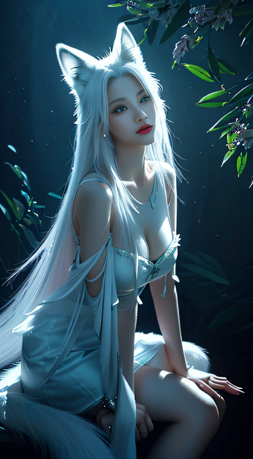 To, masterpiece, beautiful details, colorful, delicate details, delicate lips, complex details, real, ultra-realistic, a girl with white hair fox sitting on a branch: 1.1, big tits, sexy, seductive, ethereal fox, nine-tailed fox, fox three-tailed fox, Onmyoji detailed art, nine tails, beautiful artwork illustration, mythical creatures, foxes, beautiful digital artwork, exquisite digital illustration, mizutsune, inspired by mythical creatures wildnet, pixiv On digital art, bright light, high contrast, horror movie theme, dark atmosphere