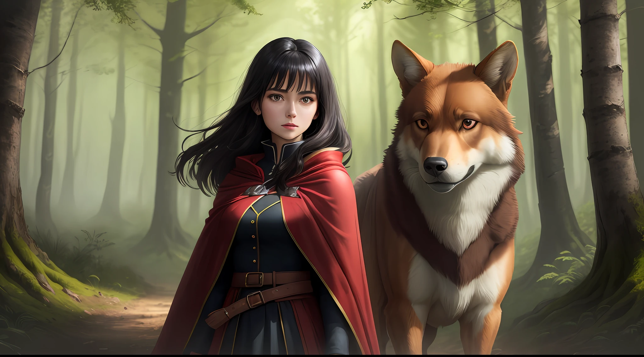 A dark-haired girl in a red cape,And a brown wolf,at a forest
