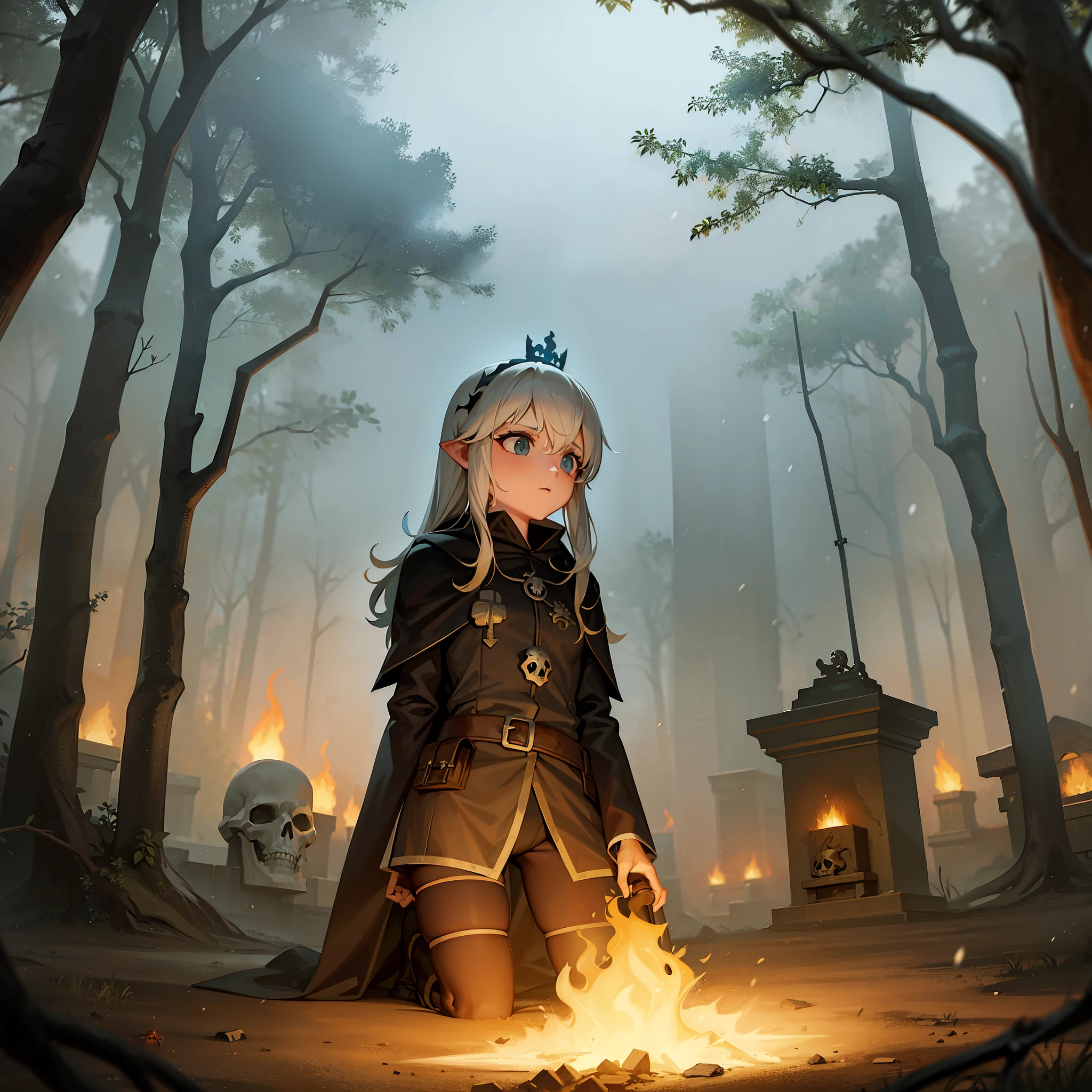 Alone archer girl camping side of fire, horror jungle, bat flying, crown flying, skeleton, tomb, skull and bones, creepy, creepy trees, wind and rain, snowman, snowing