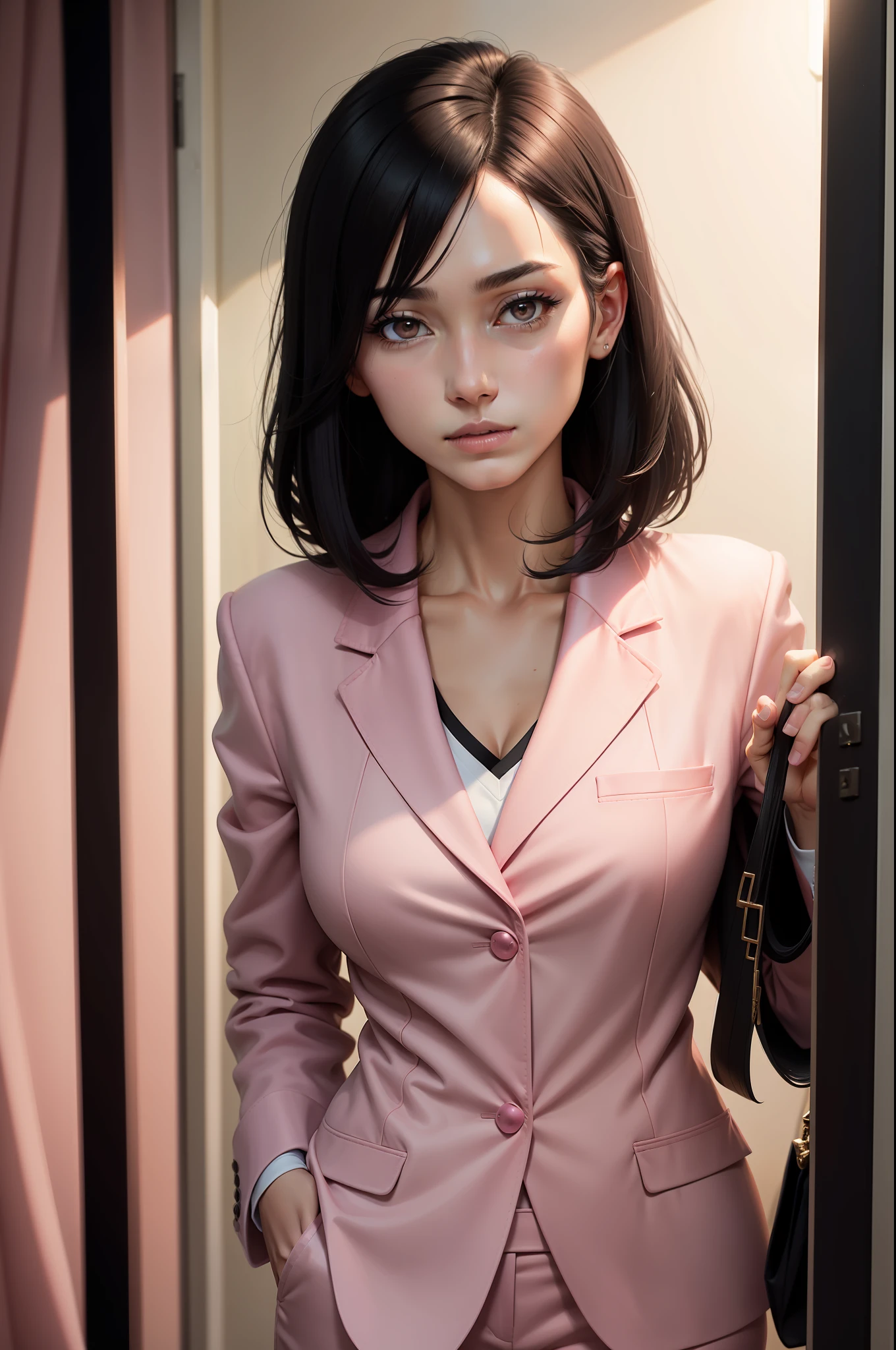Long face，tall nose bridge，Single Eyelids，（with short black hair），Pink casual suit（Profession is politician）Model figure，8K，Inside a messy room