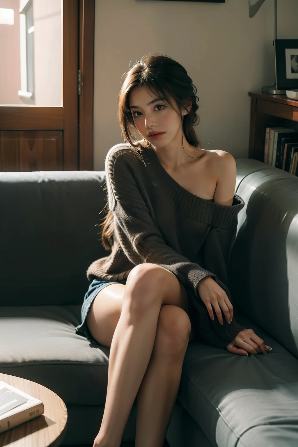 1girl,sitting on a cozy couch,crossing legs,soft light