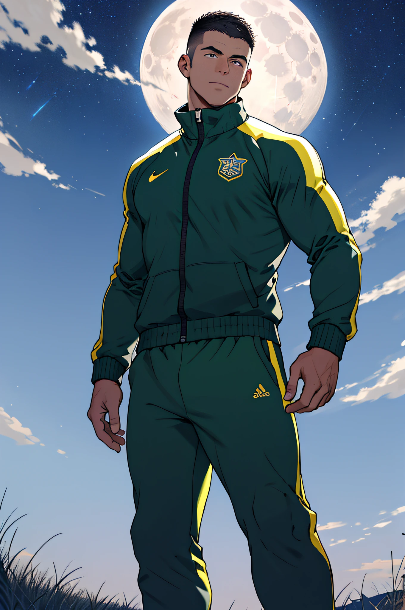 Draw a full-fledged footballer,Standing on the steppe at night,He was wearing a tracksuit,The man looks confident and determined,looking-down,Crew cut,full bodyesbian,Stars dot the sky,shooting from below,Big moon highlights background