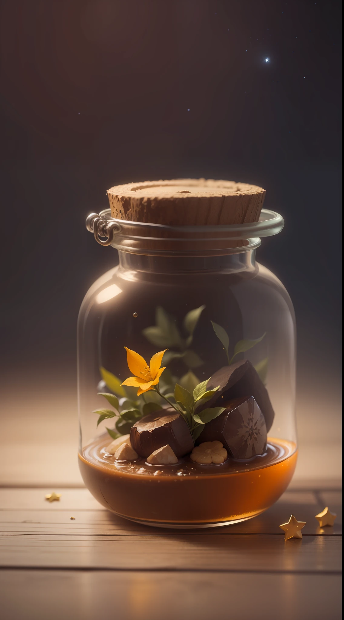 chai,Dreamy,Stars in a bottle,Dark,discreet,atmospheric render,Movie description,Yellow stars,Bright,wanting,Exquisite,high resolution,tmasterpiece,Dark forest,dreamlike scenes