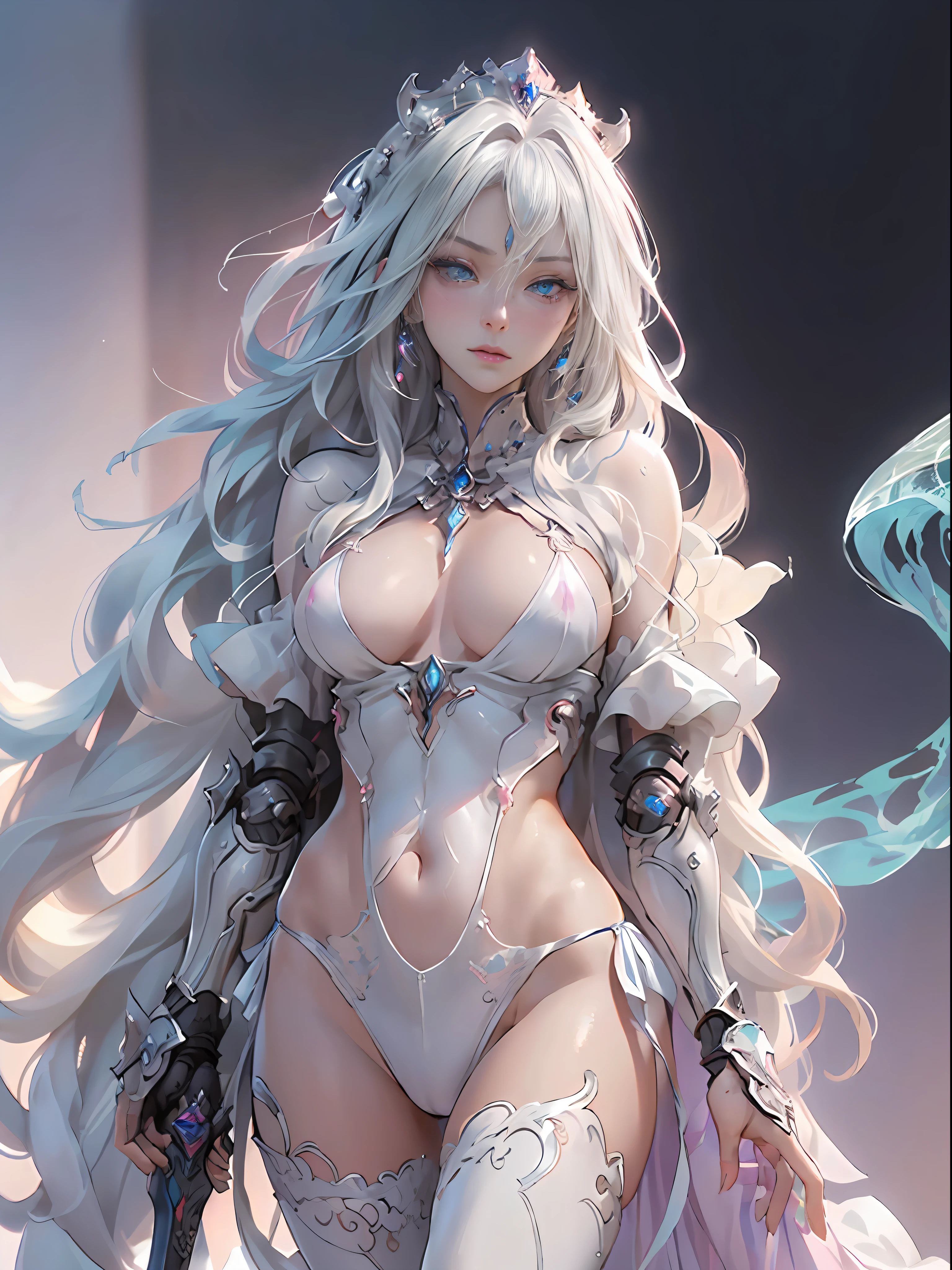 Official Art, Unity 8k wallpaper, ultra detail, masterpiece, best quality, one woman, (very detailed),(RAW photo, best quality),(realistic, photorealistic:1.3),high definition, opening your mouth lightly, ultra-detailed complex 3D rendering of face, (big breasts: 8.8), (highly detailed skin: 1.2), (exposure: 1.1), beautiful caucasian woman with big ass full soft breasts and white skinThe (topless), chest, black hair, blue eyes, long hair, ( ( ( transparent silk pink string micro bikini)), dynamic angle, mystical expression, fire glow effect, fantasy background, rim lighting, side light, cinematic light, ultra high definition, 8k, film grain,best shadow, light particles, detailed skin texture, detailed gem armor texture, detailed face, intricate details, super detailed, bright, strong, silver armor, cleavage, slender abs, have glowing weapons, have a shield, pole dron, (beautiful huge crown with detail)), shining eyes, long purple cloak, fantasy, (realistic),