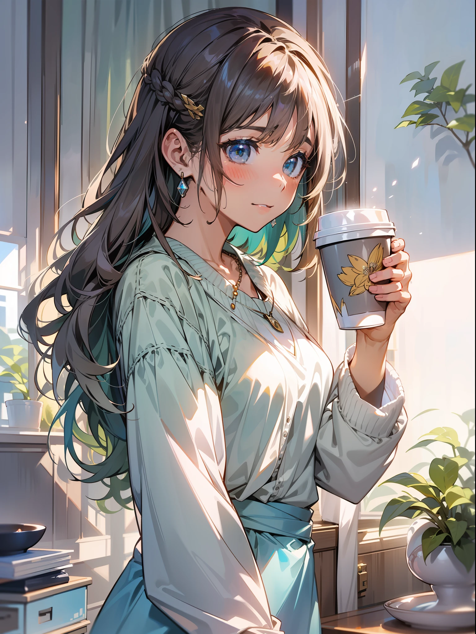 The subject is、Being a young dark-haired woman。Her hair is、Illuminated by the soft light of the morning、slightly curled。On the face、Morning freshness overflows、Eyes are shining with anticipation of a new day。

Her attire is、For a light blue blouse、It is a white skirt。moreover、She wears a light gray cardigan.、She wears a silver pendant necklace around her neck.。

Her pose is、Standing on the windowsill、Looking out at the scenery。In its hands、hot々I have a coffee mug、Slowly enjoying its aroma。

The background is、It is a morning landscape of the city。From between the buildings、Sunrise、It's plugged into her room。In the distance、Who starts the morning activity々The figure of and、You can hear the sound of a moving car。

Other elements、The interior of her room is modern.、A large houseplant is placed by the window。On the desk、Laptops and stationery are neatly arranged.、You can see how they are ready for the day's work and schoolwork.。On the wall、It is decorated with large art paintings.、It adds color to the room。