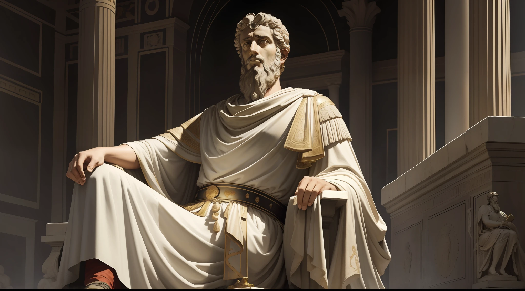 A serious painting of Roman Emperor Marcus Aurelius in stoic meditation on a military campaign