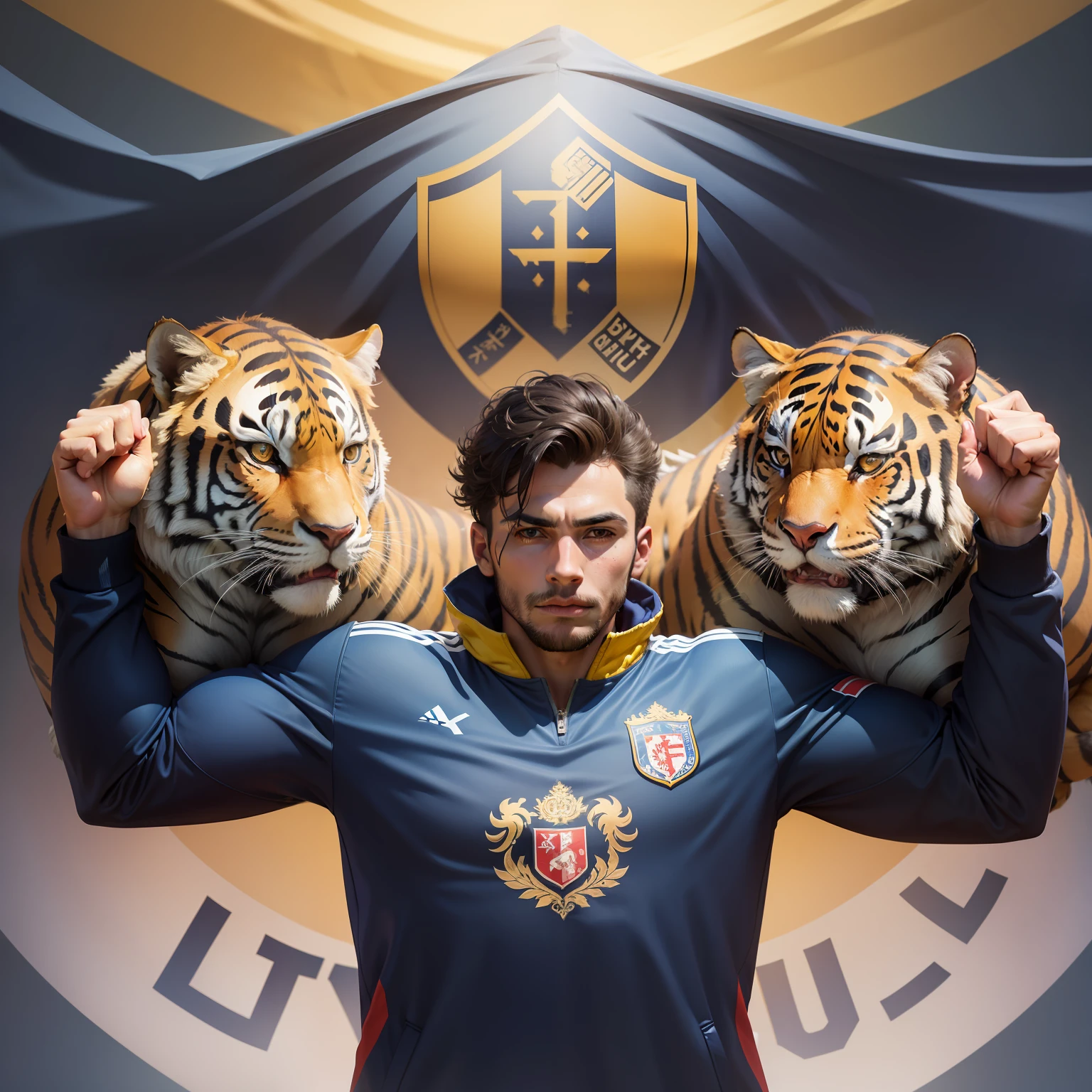 Different coat of arms for the new village football club in celebration of yesterday's victory against the youth football club, futurista com um tigre  com armadura