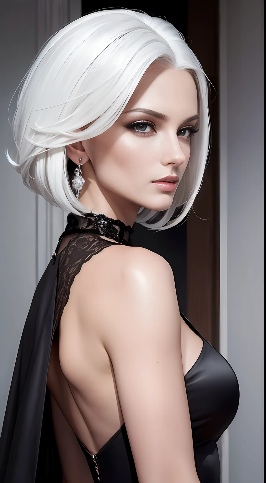 woman, A fashion model, Wear a black dress, Glamour, paparazzi taking pictures of her, White hair, Brown eyes, 8K, High quality, Masterpiece, Best quality,G-cup, HD, Extremely detailed, voluminetric lighting, Photorealistic
