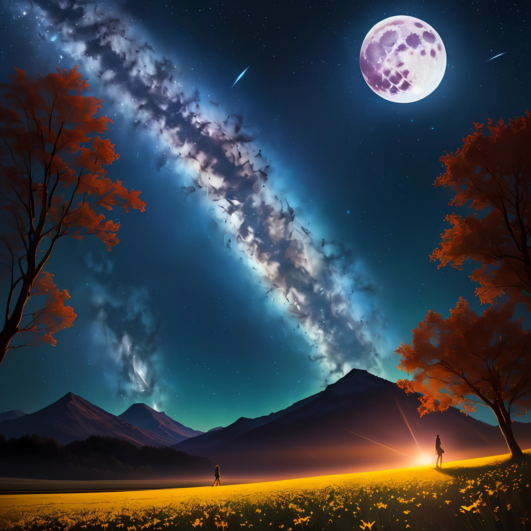 expansive landscape photograph , (a view from below that shows sky above and open field below), a girl standing on flower field looking up, (full moon:1.2), ( shooting stars:0.9), (nebula:1.3), distant mountain, tree BREAK
production art, (warm light source:1.2), (Firefly:1.2), lamp, lot of purple and orange, intricate details, volumetric lighting, realism BREAK
(masterpiece:1.2), (best quality), 4k, ultra-detailed, (dynamic composition:1.4), highly detailed, colorful details,( iridescent colors:1.2), (glowing lighting, atmospheric lighting), dreamy, magical, (solo:1.2)