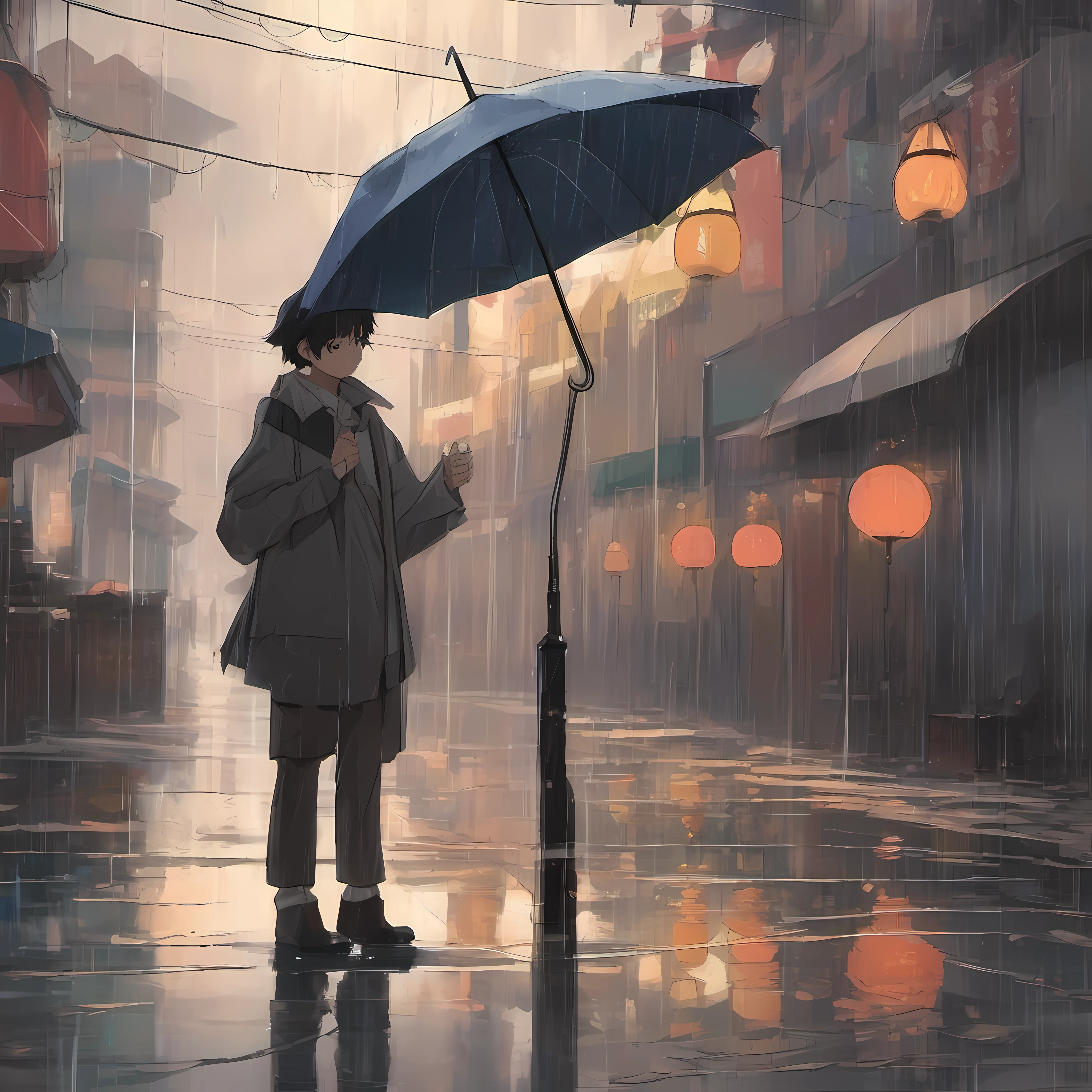 A middle-aged boy stands in the rain with an umbrella