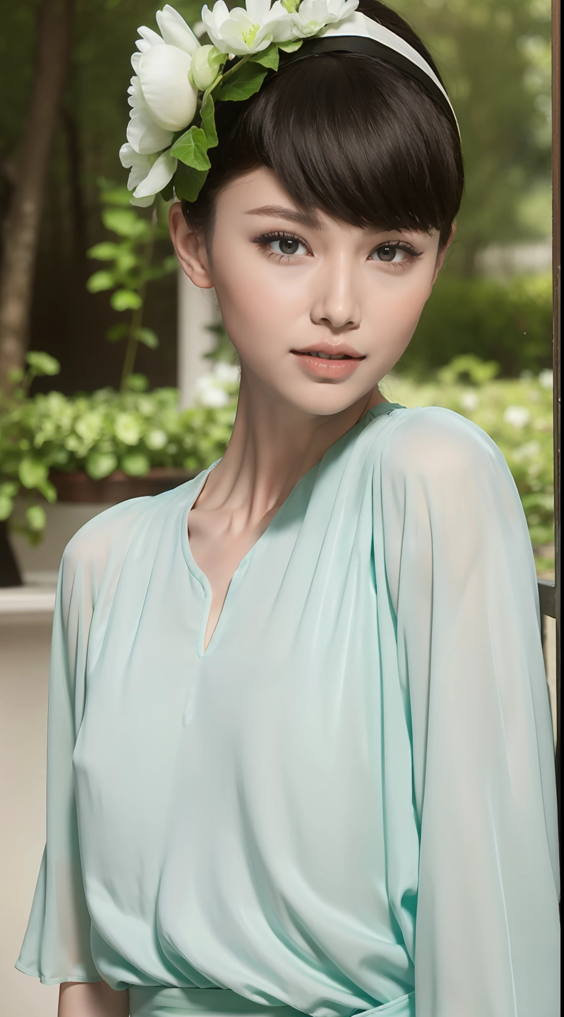 Fashion model 20 years old [[[[closeup cleavage]]]], [[[[boobgasm]]]], [[[[coll]]]], [[[[bshoulders]]]], perfect  eyes, Perfect iris，Perfect lips，perfect teeth，Perfect skin，Long face，slender nose，with fair skin，Soft front light，hdr，Movie girl，white  clothes，Casual，The background is outdoor，green trees，fresh flowers，Tano，grassy fields，（pastel colour：1.2）