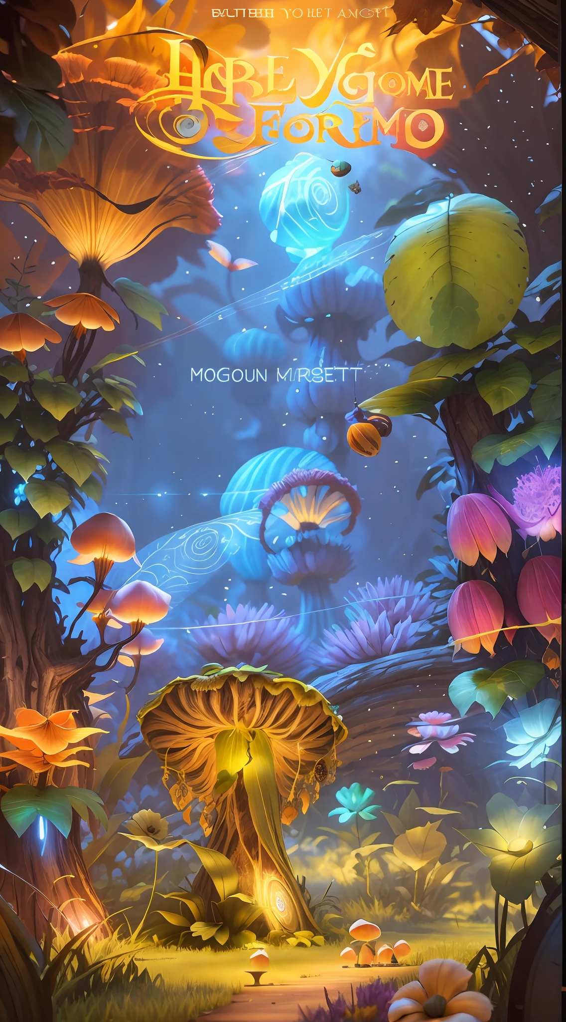 There is a poster of a mushroom in the middle of the field, Magic world. Colorful, Mobile game art, background artwork, !dream concept art, A beautiful artwork illustration, colorful concept art, Game art, Fantasy space, luminescent concept art, dreamlike digital painting, Official artwork, Glowing lights! Digital painting, Color illustrated game promotional poster,8K game poster