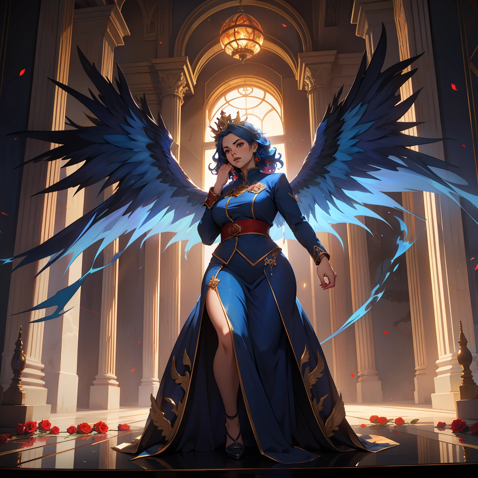Blue Phoenix , beautiful female, chubby, flames on body, huge wings, curly hair, flames, fire, in gardens of roses, supreme royal attire, massive wings, blue wings, crown, inside palace, blue hair